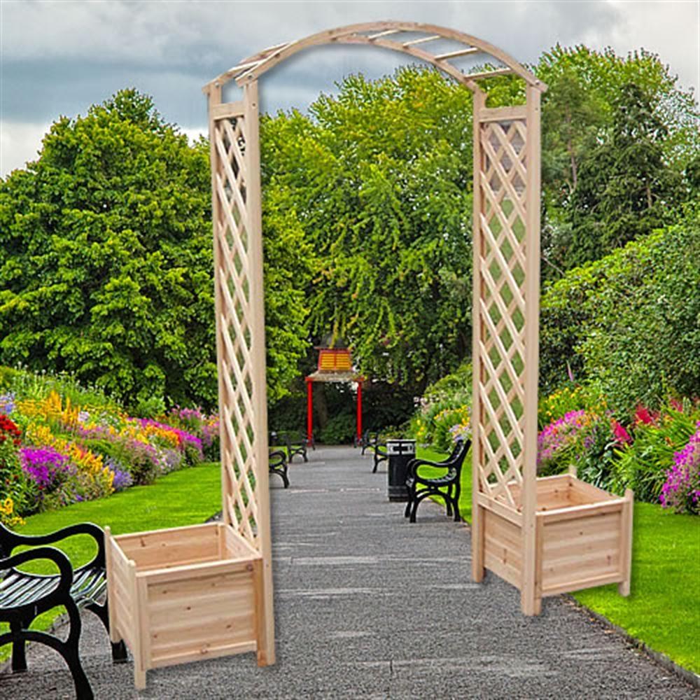 Rosenbogen Natur mit Blumenkübeln Spalier Rankhilfe Gitter Holz Pergola Gestell Bild 1