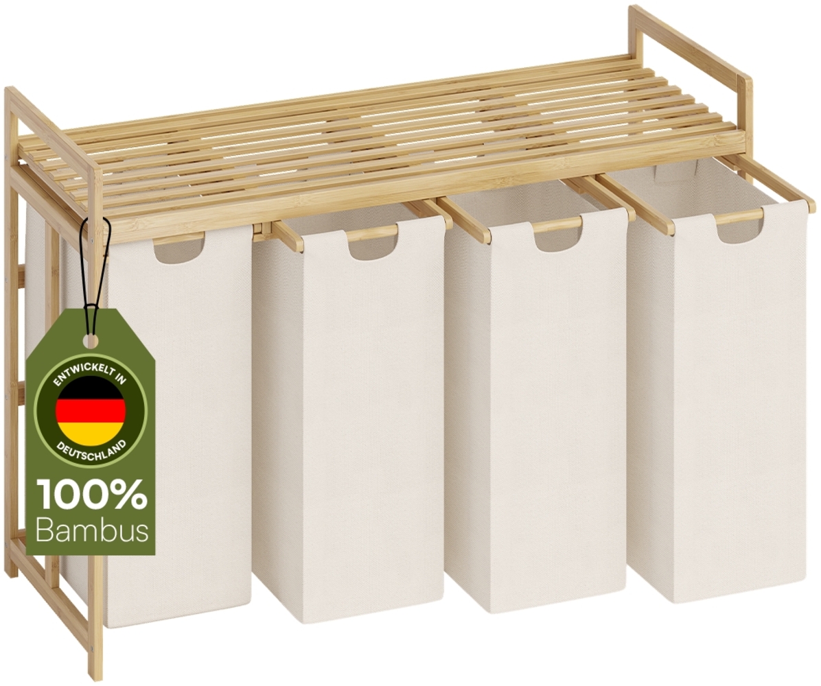 Bellamio 'Newa' Wäschesammler aus Bambus, beige, inkl. 4 Wäschesäcke je 50 Liter aus Oxford-Gewebe, ausziehbar Bild 1