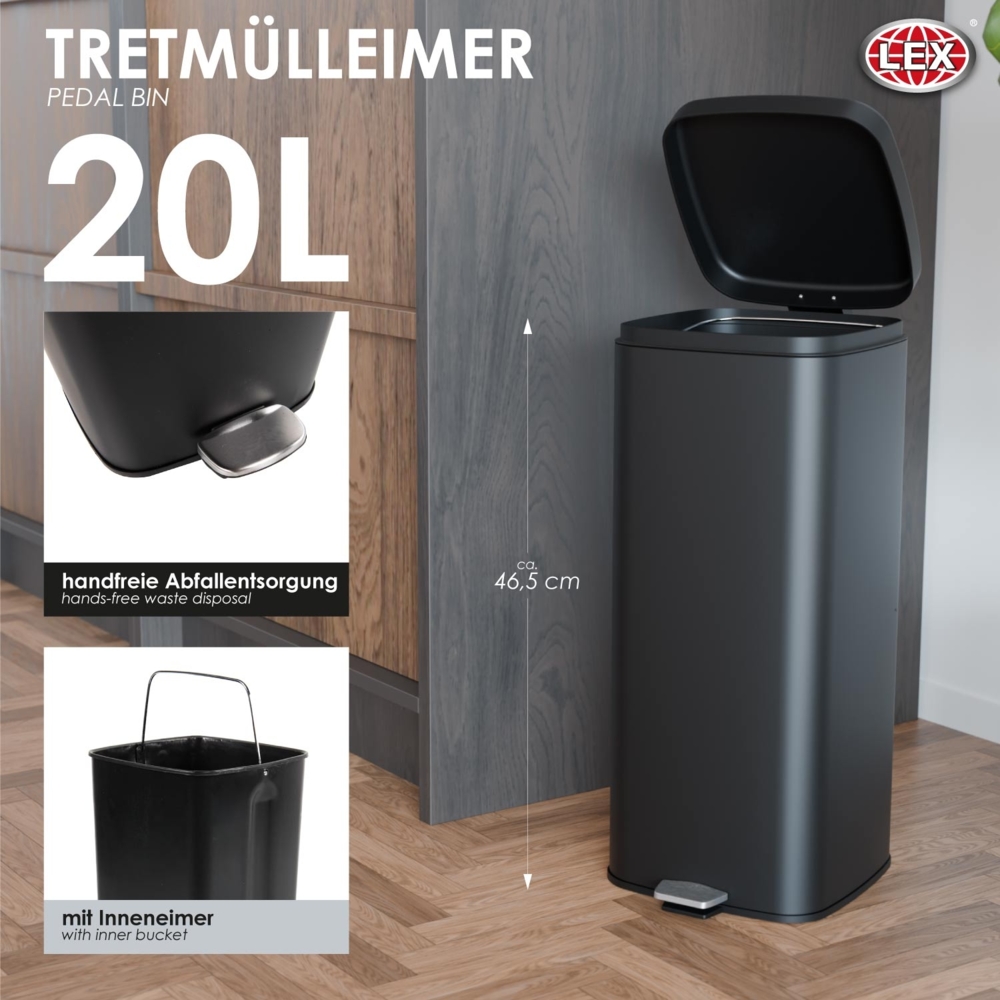 Tretmülleimer Abfallbehälter Mülleimer 20L Stahl schwarz matt Treteimer Bild 1