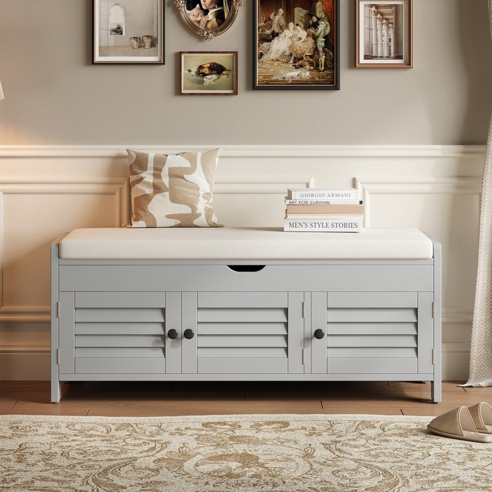 STILVORA Schuhbank mit 3 Jalousietür,Schuhbank Schuhregal mit verstecktem Stauraum,Grau (Multifunktionale Schuhbank mit gepolsterter Sitzfläche, Jalousietüren & verstecktem Stauraum – Modernes Design für Flur, Eingangsbereich & Wohnzimmer, 34.5 x 23 cm... Bild 1