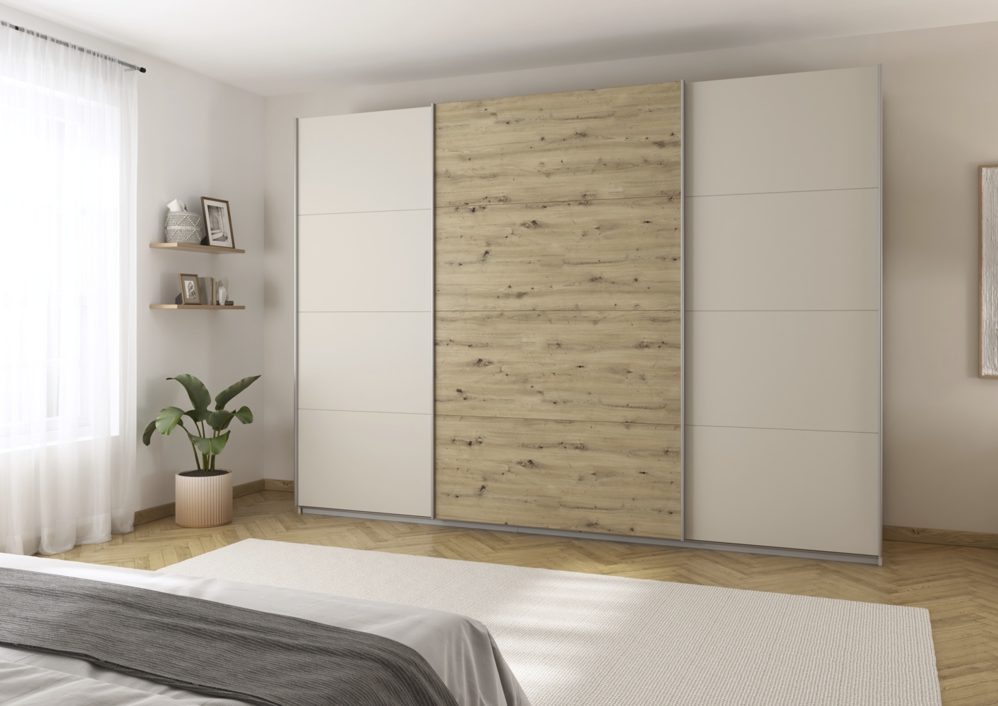 rauch Quadra, Kleiderschrank, Schiebetürenschrank, 3-türig, mit 4 Kleiderstangen und 8 Einlegeböden, Farbe Beige/Eiche Artisan, BxHxT 315x229x62cm Bild 1