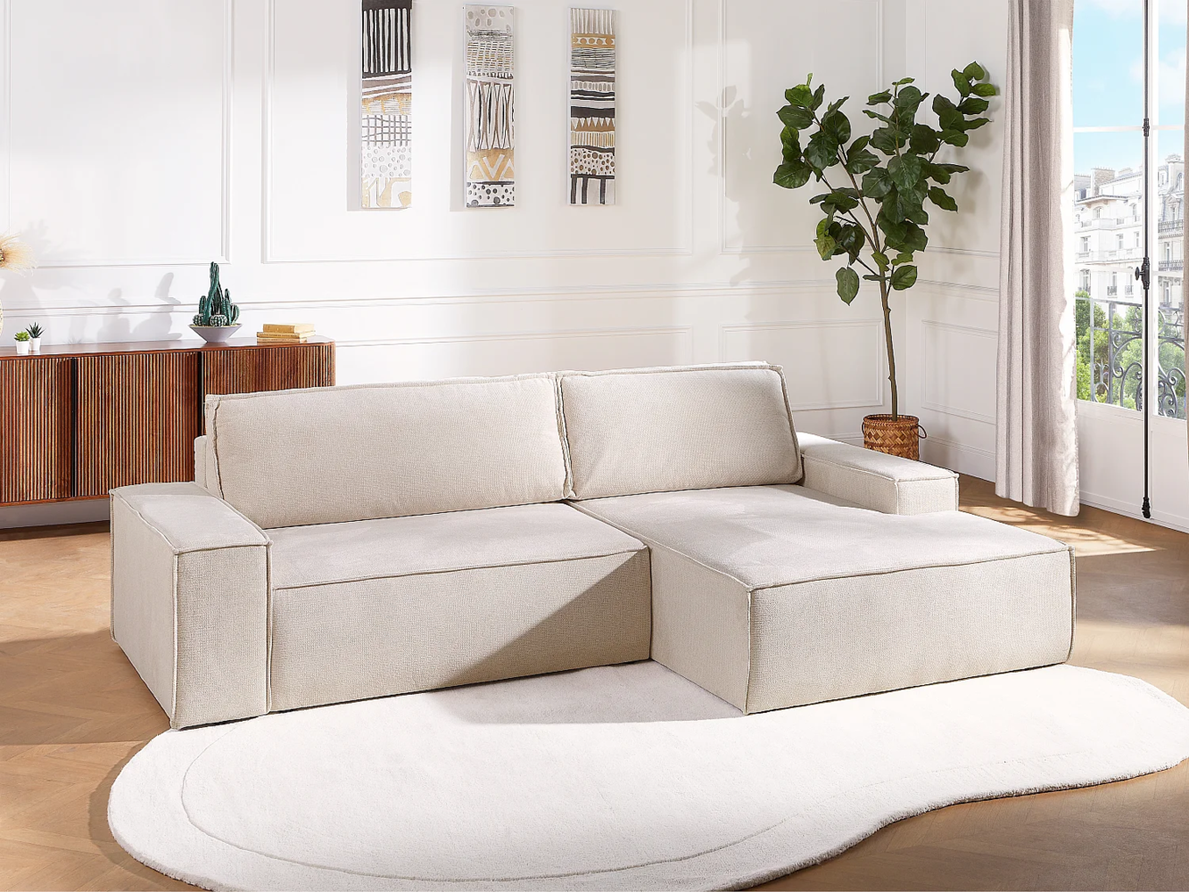Vente-unique - Ecksofa mit Schlaffunktion - Ecke rechts - Strukturstoff - Beige - AMELIA Bild 1