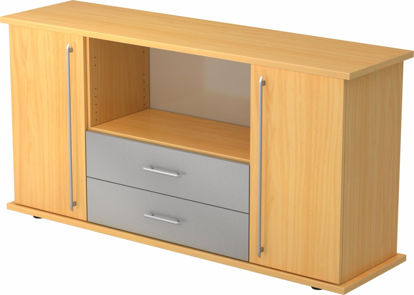 bümö Sideboard Buche mit Flügeltüren & Regal - Büromöbel Sideboard mit Schubladen Holz 166cm breit, 45cm schmal, Büro Schrank für Flur oder als Wohnzimmer-Kommode mit Relinggriff, SBTS-6-6-RE Bild 1