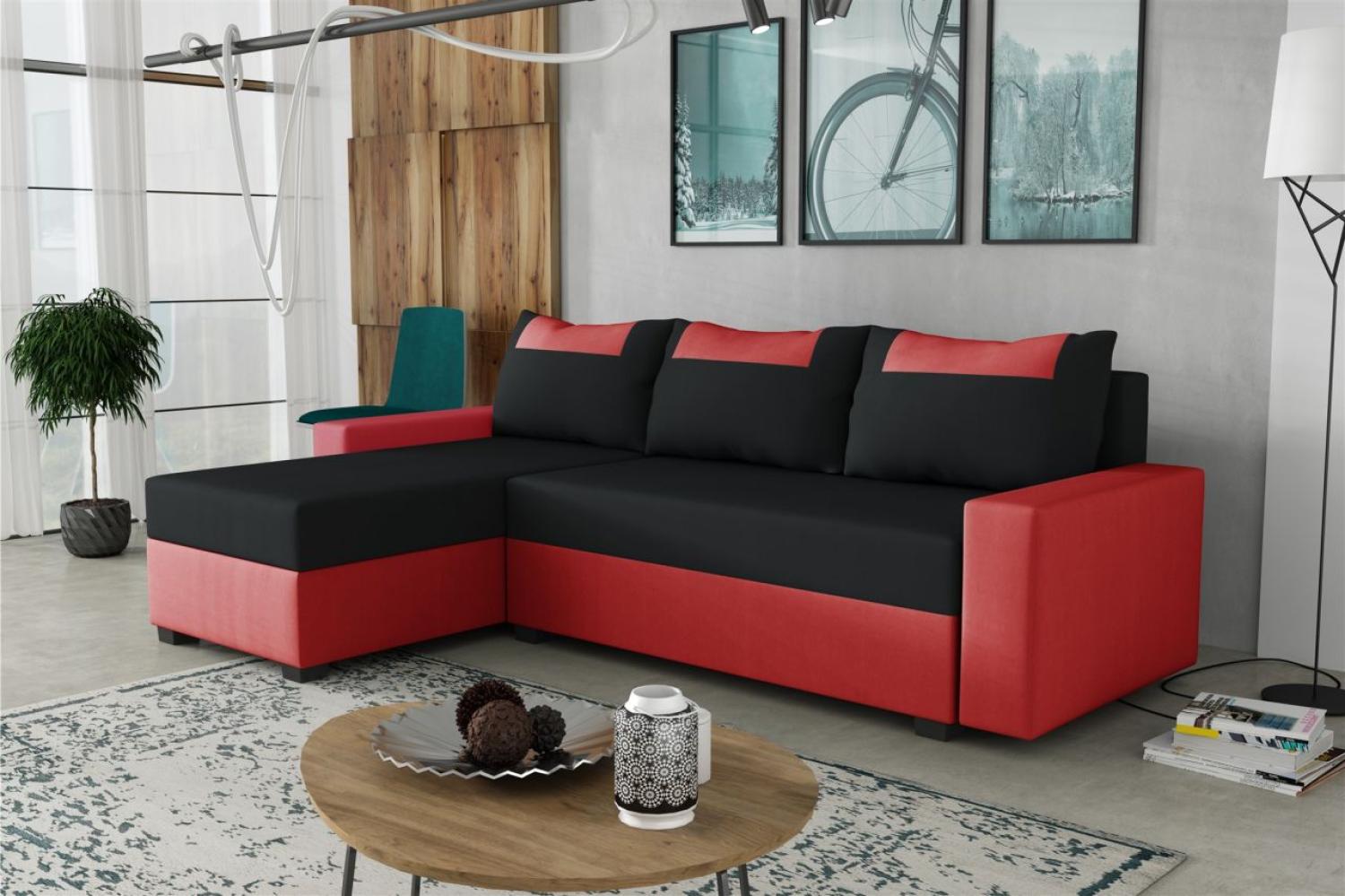 Ecksofa Schlafsofa Sofa HEDVIG Manila Rot- Schwarz Ottomane Links Bild 1