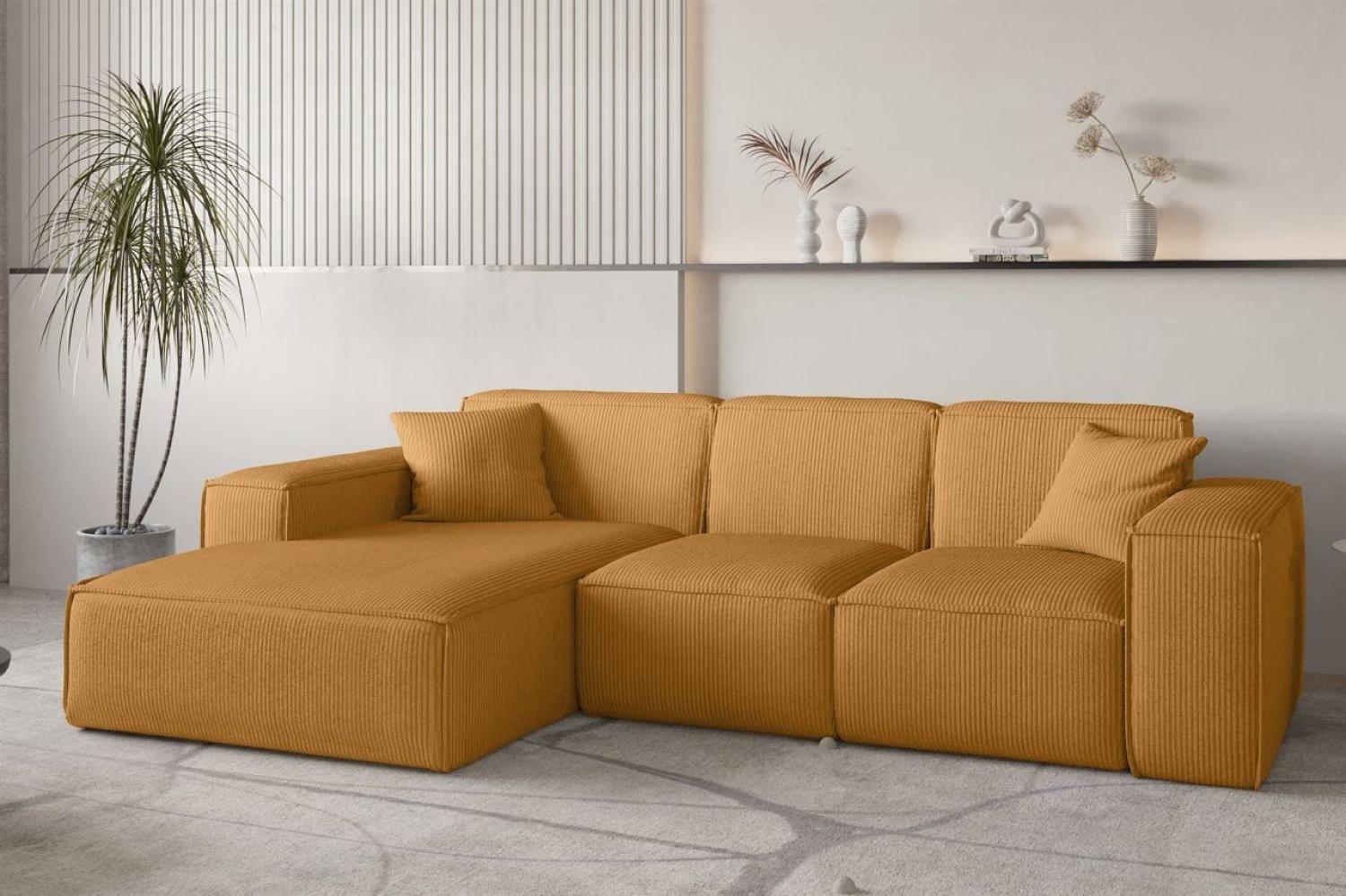 Ecksofa Designersofa CELES PREMIUM in Stoff Scala Senfgelb Ottomane Links Bild 1