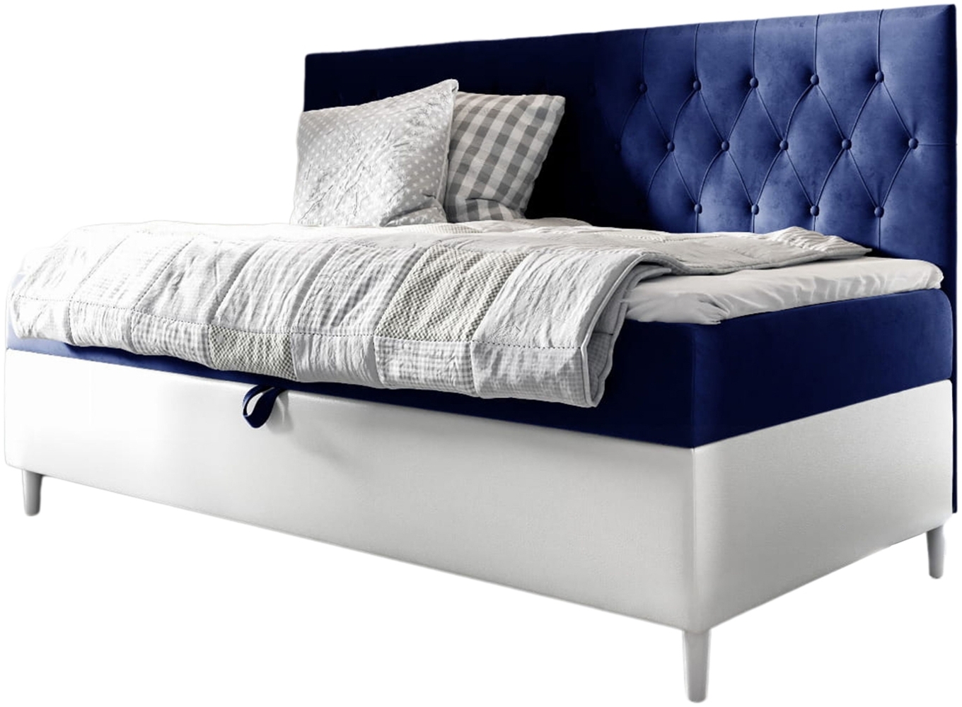 MEBLINI Kinderbett mit Bettkasten FILIPPO 2 100x200 – H3/Blau Samt Gepolstert Einzelbett mit Matratze - Polsterbett mit Stauraum - Bett mit Kopfteil – Stauraumbett Bild 1