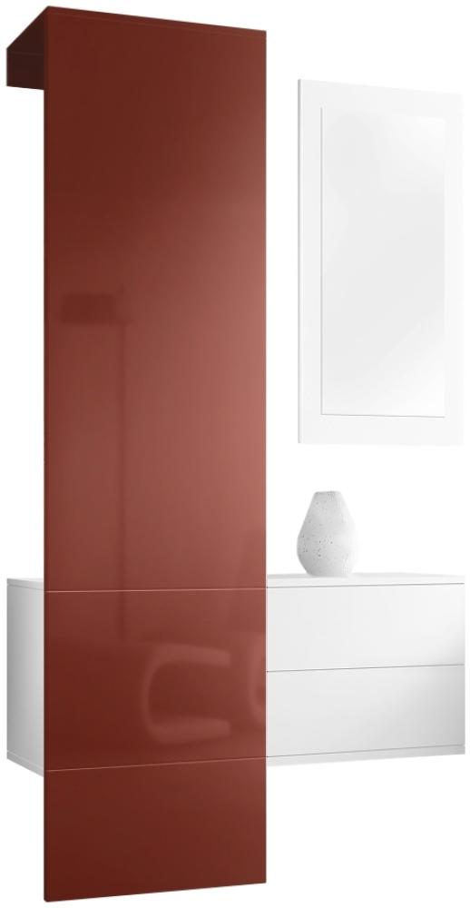 Vladon Garderobe Carlton Set 2, Garderobenset bestehend aus 1 Garderobenpaneel, 1 Schubkastenschrank und 1 Wandspiegel, Weiß matt/Bordeaux Hochglanz (105 x 193 x 35 cm) Bild 1