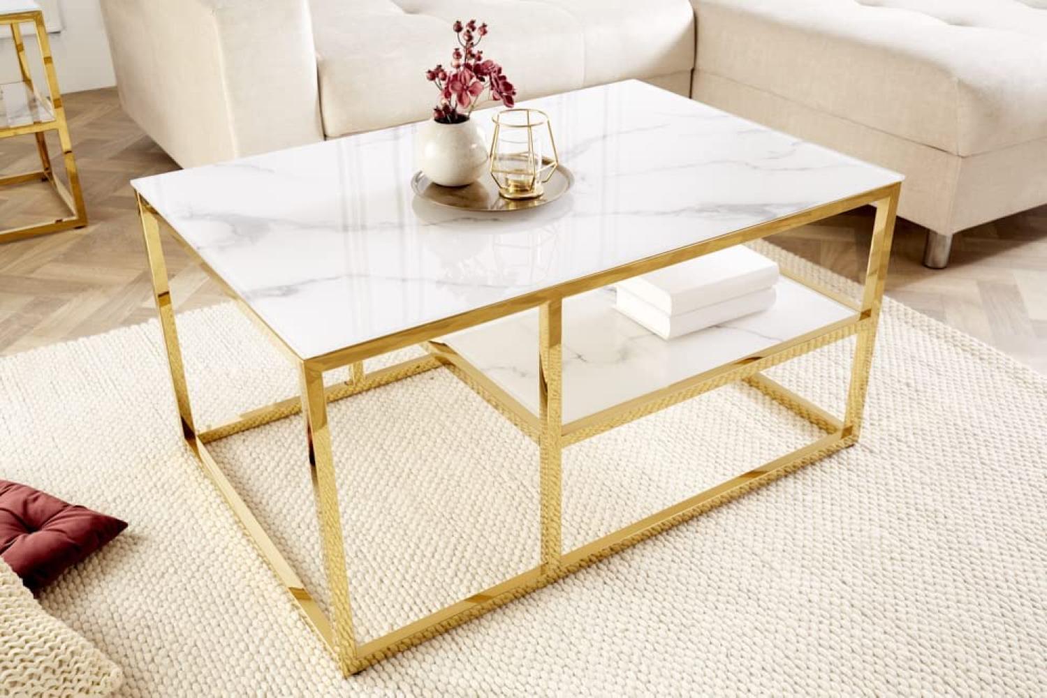 Design Couchtisch MARMO 90x60 cm weiss gold Marmor-Dekor Ablage Bild 1