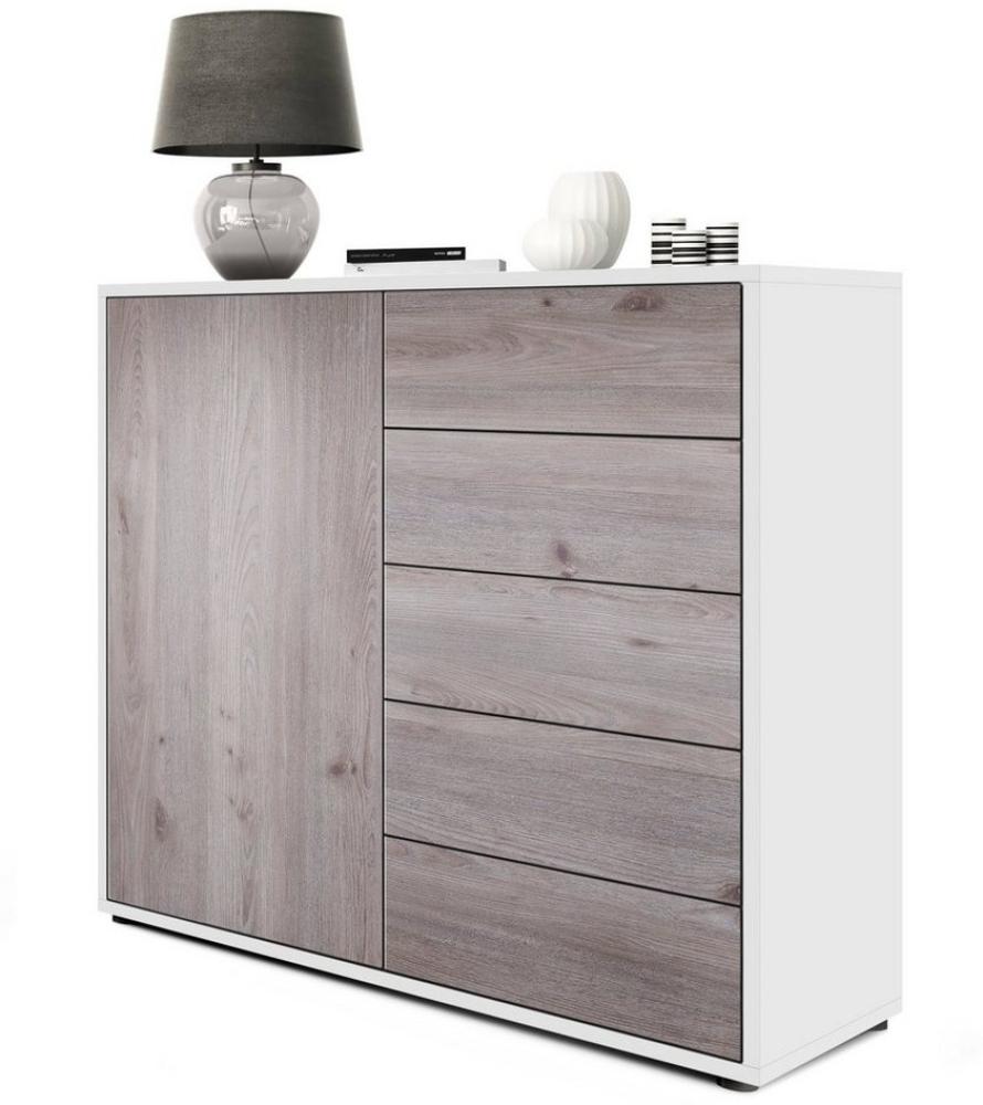 Vladon Sideboard Ben V2, Kommode mit 1 Tür und 5 Schubladen, Weiß matt/Eiche Nordic (79 x 74 x 36 cm) Bild 1