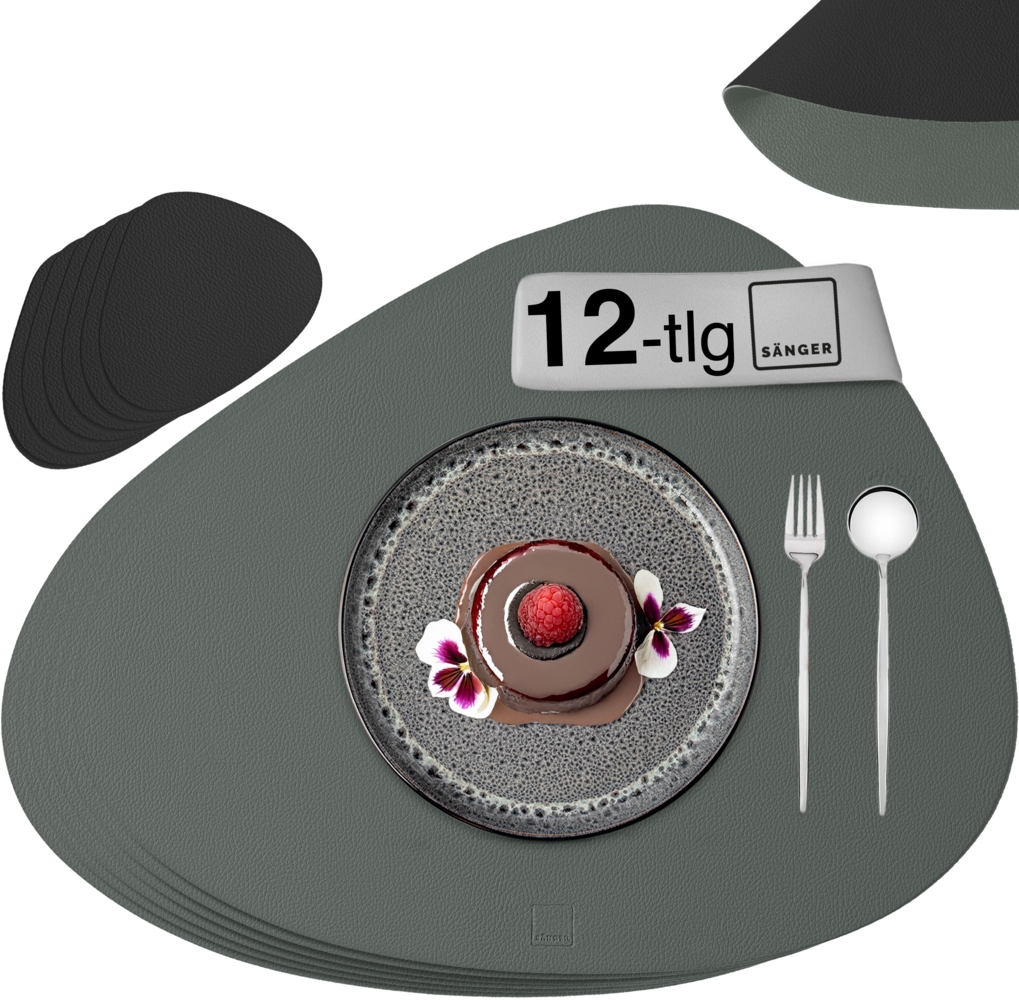 SÄNGER organische Tischsets & Untersetzer aus Kunstleder 12 teilig für 6 Personen, Grau + Schwarz Bild 1