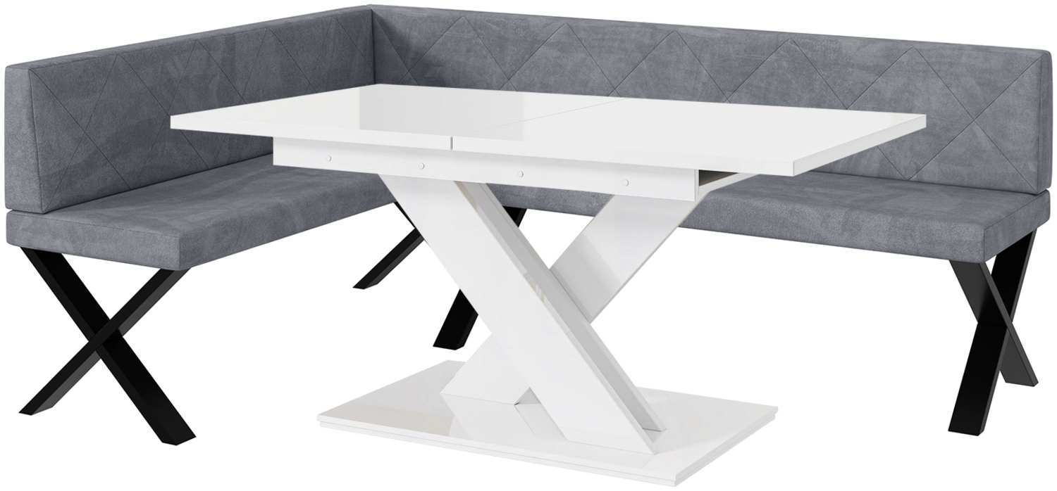 MEBLINI Eckbank für Esszimmer mit ausziehbarem Tisch - Küchenbank - Essecke - Sitzecke Küche - ERIC - X-Beine 142 x 196 x 87 cm Links - Grau Samt/B Weiß Hochgl. Bild 1