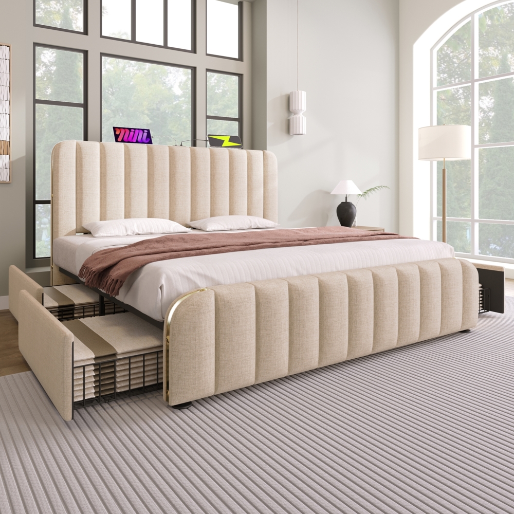 Polsterbett 180x200 cm aus Leinen mit Stauraum und USB- und Type-C-Anschlüssen – beige mit goldenen Zierstreifen Bild 1