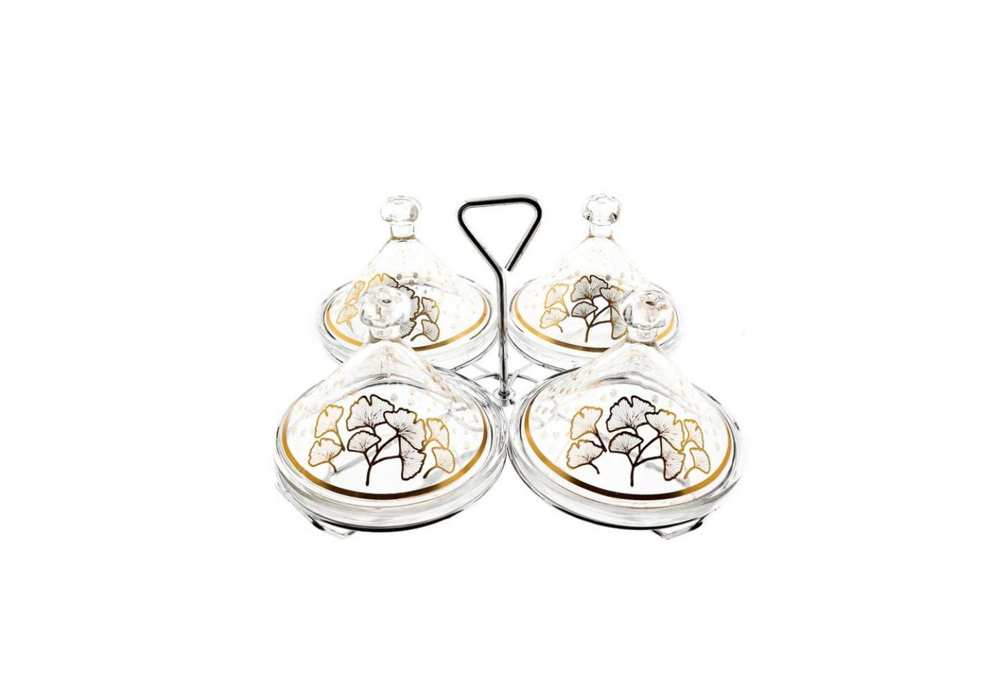 Almina Snack-Set Tajine 9 Teilig aus Glas mit goldenen und silbernen Muster Blumenmotiv Bild 1