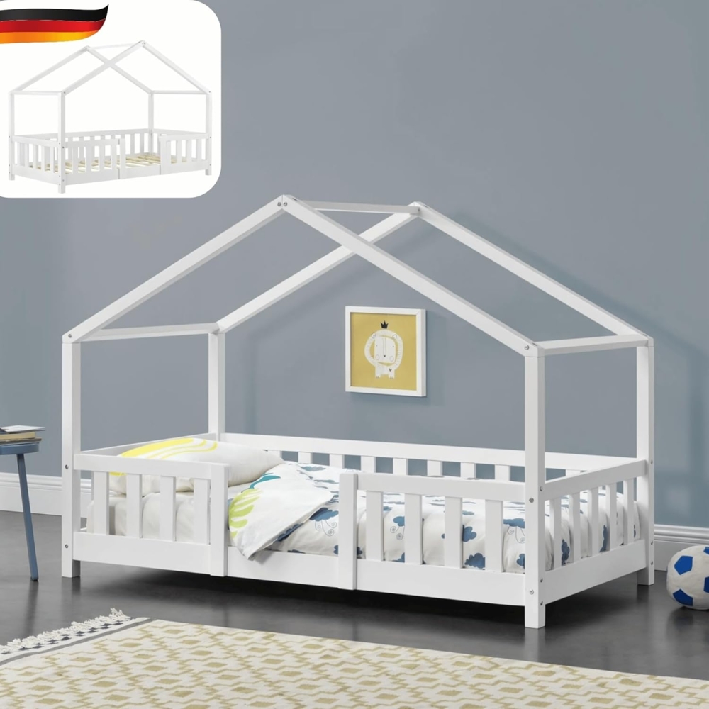 DELUKE® Kinderbett 70x140 cm MILA - mit Lattenrost Rausfallschutz Hausbett Kinder Haus Bett Kinderzimmer Bodenbett Einzelbett Kinder Bett Klein Kinderbett Montessori Bett Weiß Bild 1