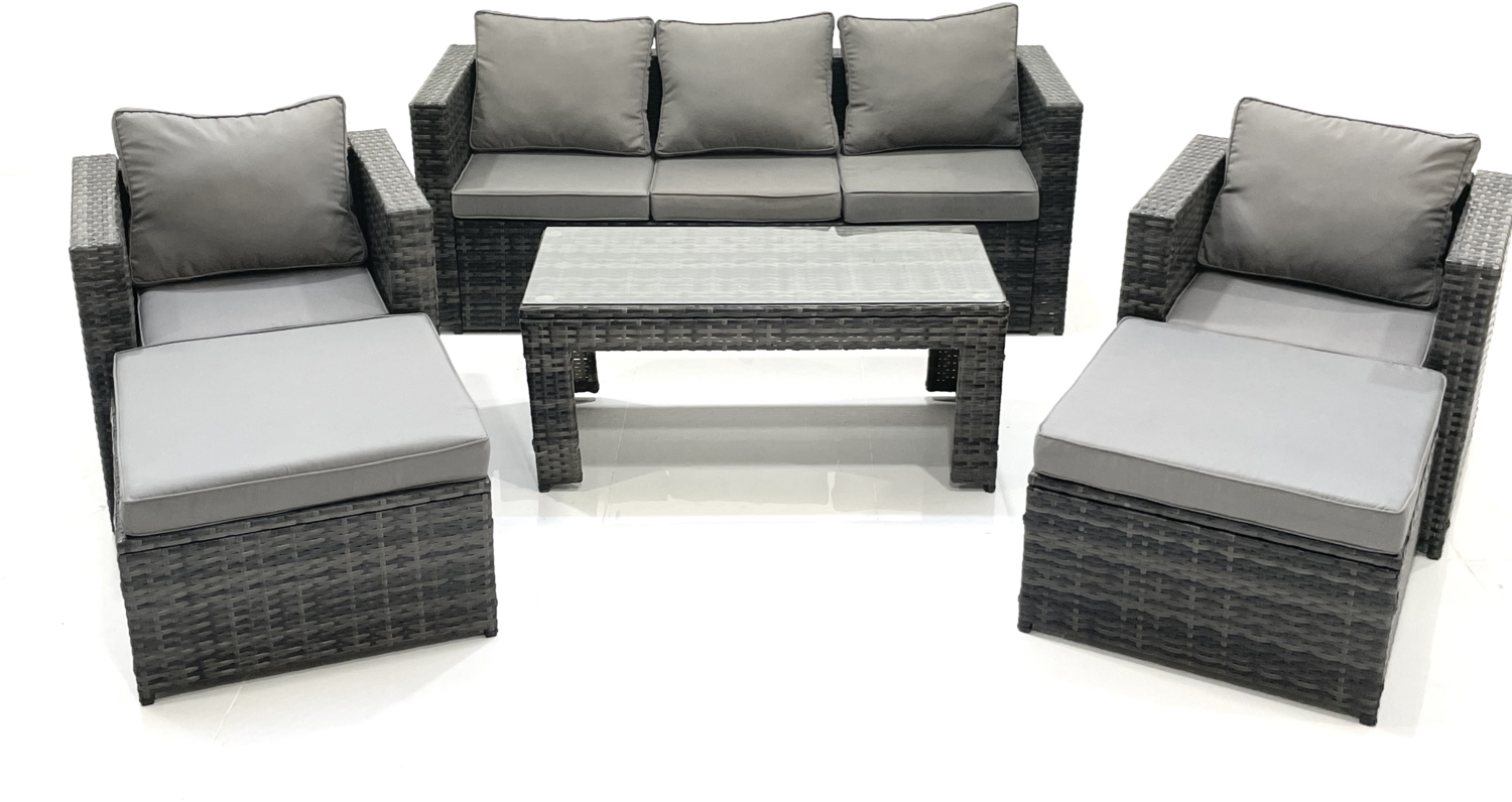 Fimous 7-Sitzer Polyrattan Gartensofa Set Couchtisch 2 Sessel 2 hohen Hockern Dunkelgrau Gemischt Bild 1