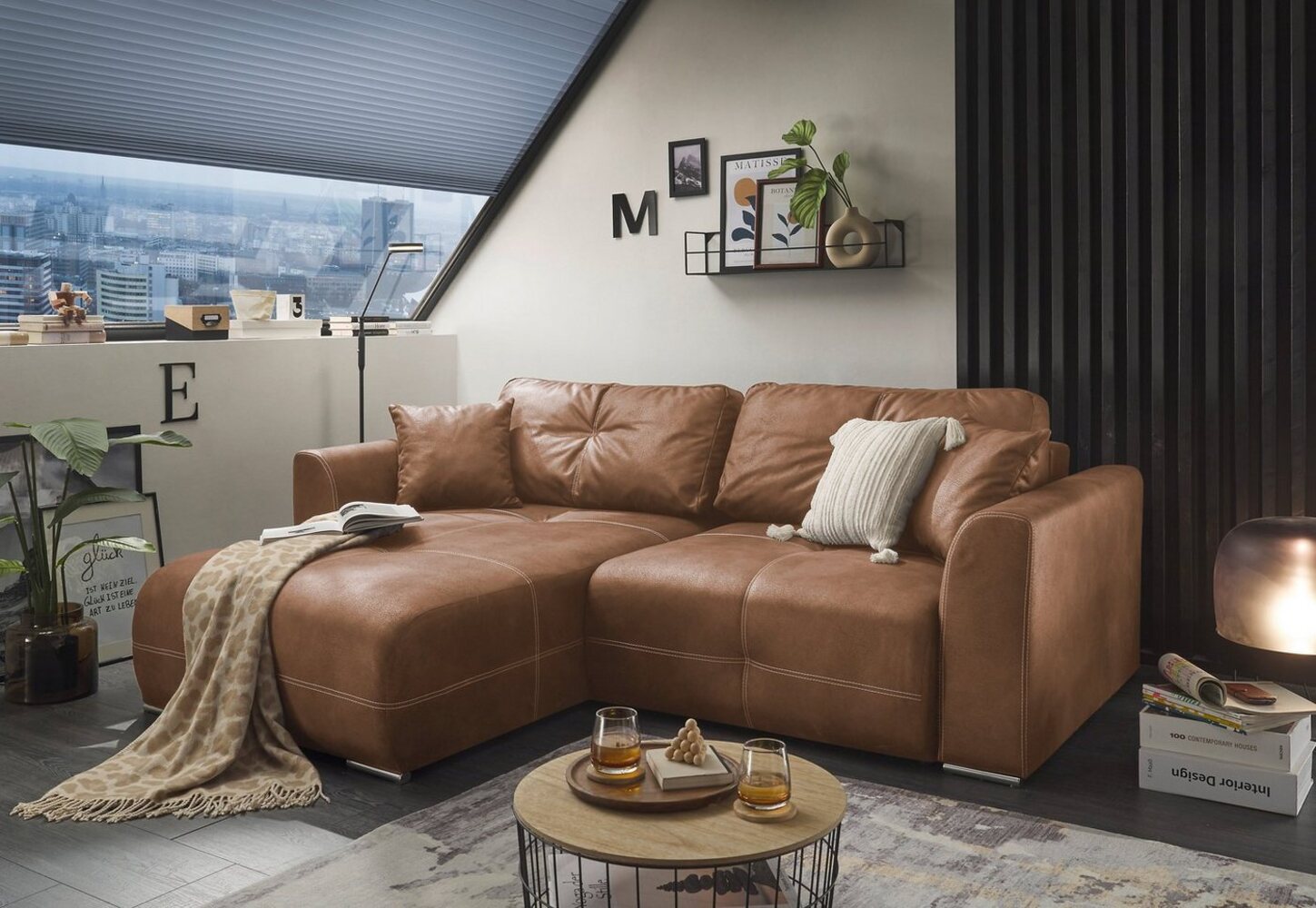 DOLAN Ecksofa mit Schlaffunktion in Lederoptik, Hellbraun - Moderne Eckcouch in L-Form mit Bettkasten - 247x90 (70) x 190 cm (B/H/T) Bild 1