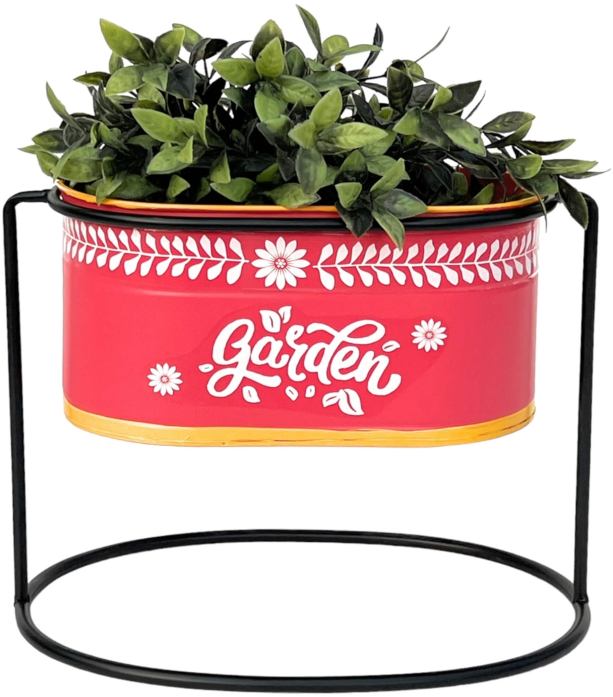 DanDiBo Blumenhocker mit Topf Metall Stehend Rot Oval 24 cm Blumenständer 96526 S Blumensäule Modern Pflanzenständer Pflanzgefäß Bild 1