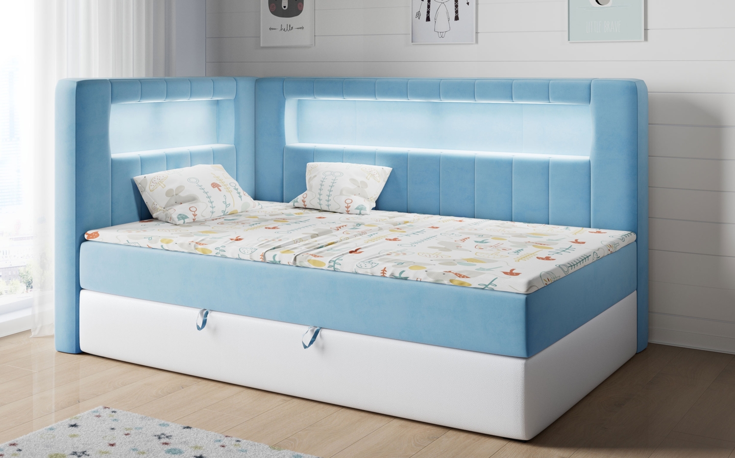 Boxspringbett mit LED, Einzelbett mit Bettkasten und Topper - JUNIOR GOLD 3 - 90x200 cm - Blau und Weiß - Linke Seite Bild 1