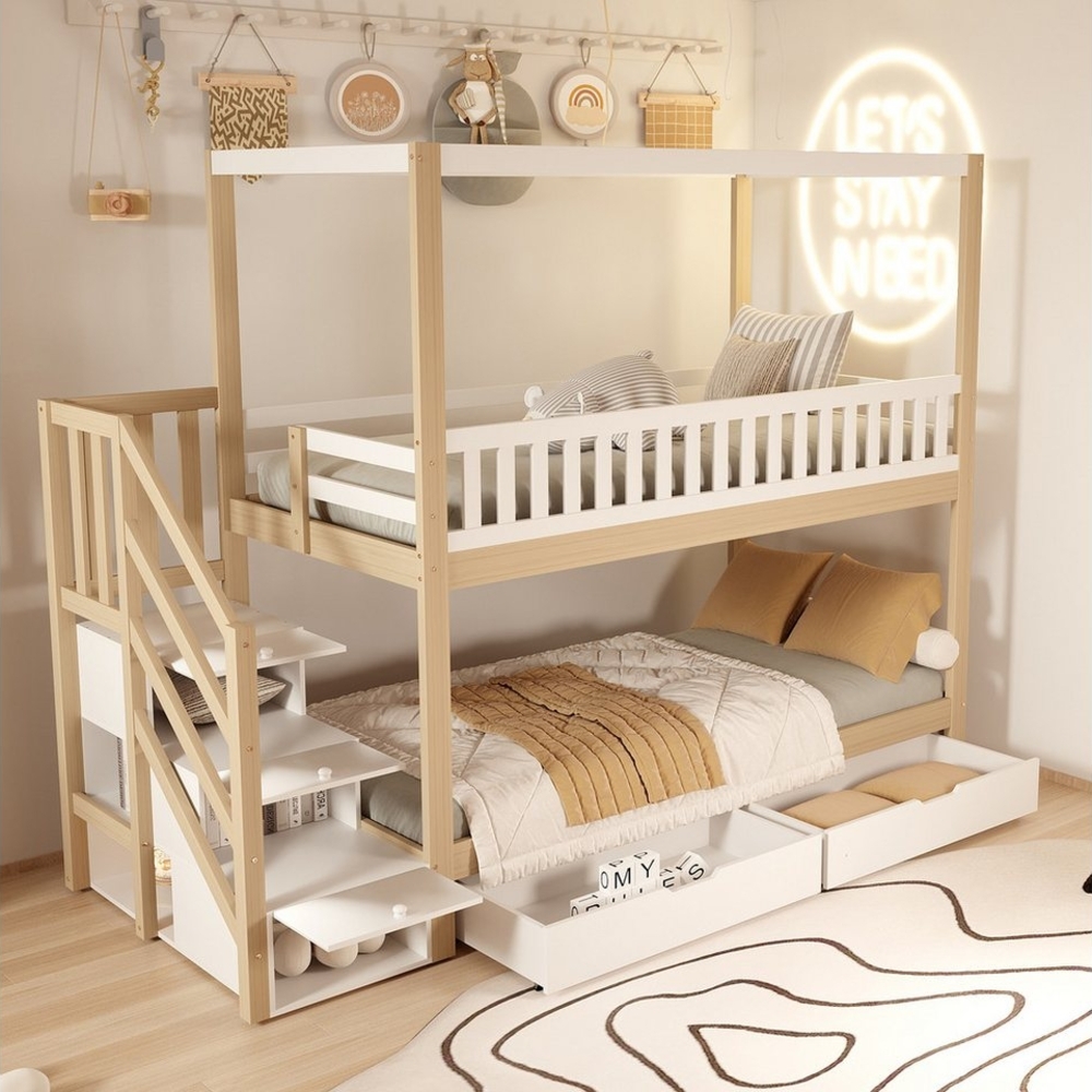 Flieks Etagenbett, Massivholz Kinderbett 90x200cm mit 2 Schubladen und Stauraumtreppe Bild 1