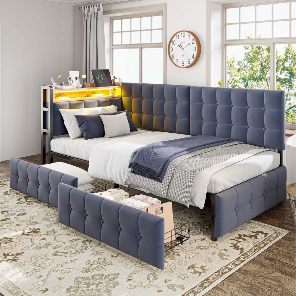 Merax Daybett (Einzelbett Jugendbett Tagesbett Kinderbett Samt, 1 tlg), Polsterbett Schlafsofa 90x200cm mit LED, 2 Schubladen, USB & Typ-C Bild 1