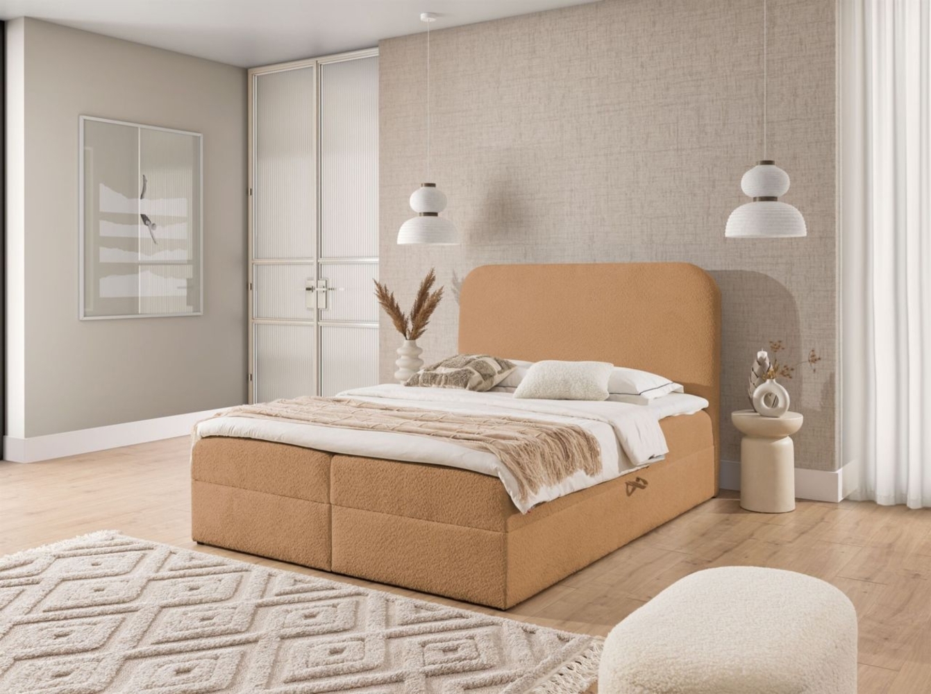 Boxspringbett Schlafzimmerbett AMADOR 200x200cm Stoff Coral Apricot Bild 1