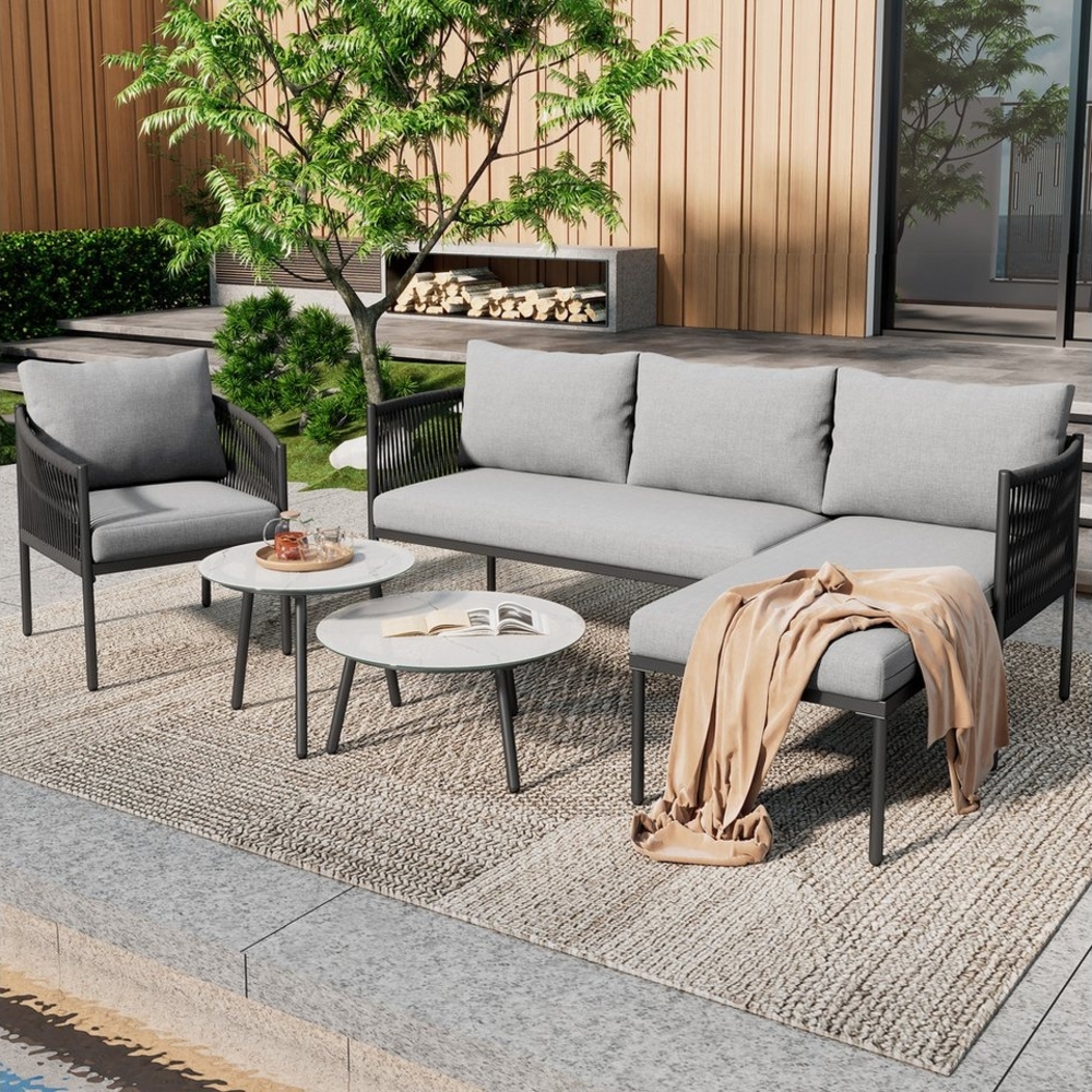 Flieks Gartenlounge-Set, 5-Sitzer Seil Gartenmöbel Ecksofa mit marmorlackierte Glastischplatte Bild 1