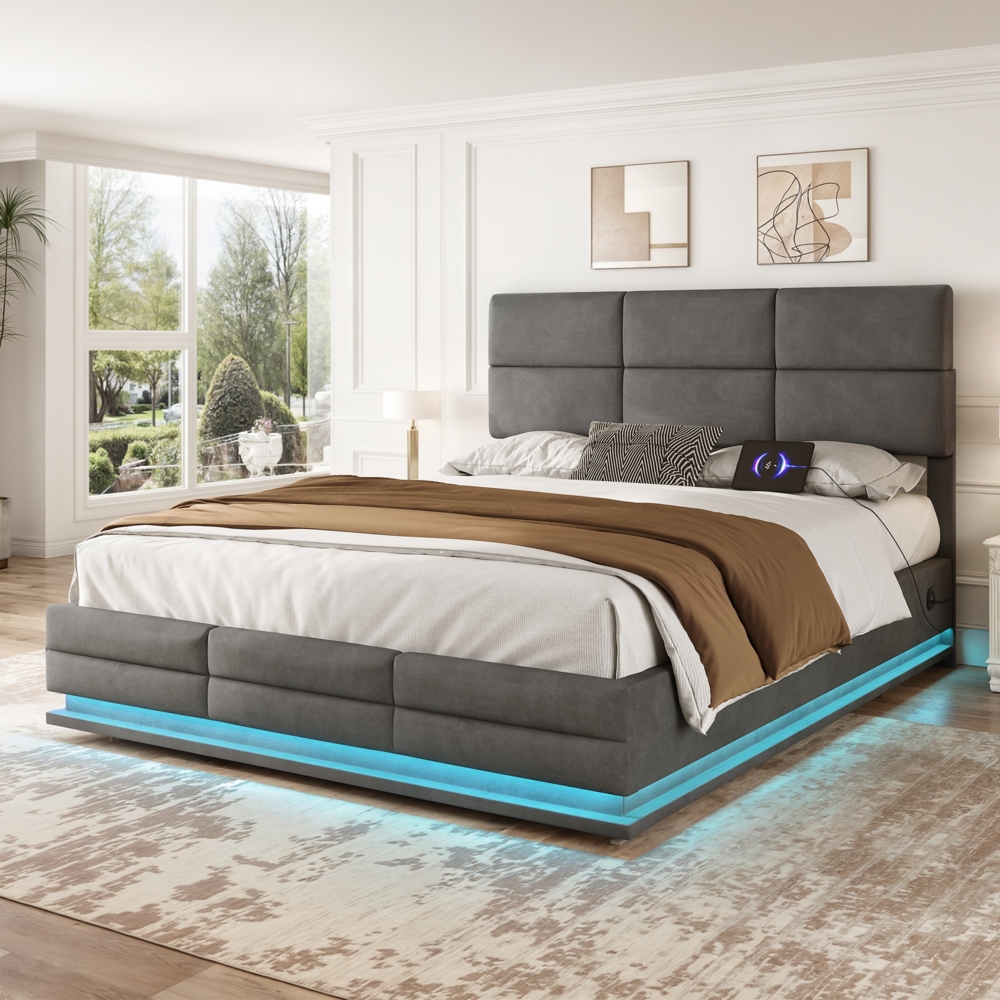 LVHOM Boxbett 160x200cm Bettgestell, Polsterbett/Doppelbett/Stauraumbett, Samtstoff, Integriertes Hydrauliksystem, LED-Leuchten in 16 Farben, Seitlicher USB-Ladeanschluss Bild 1