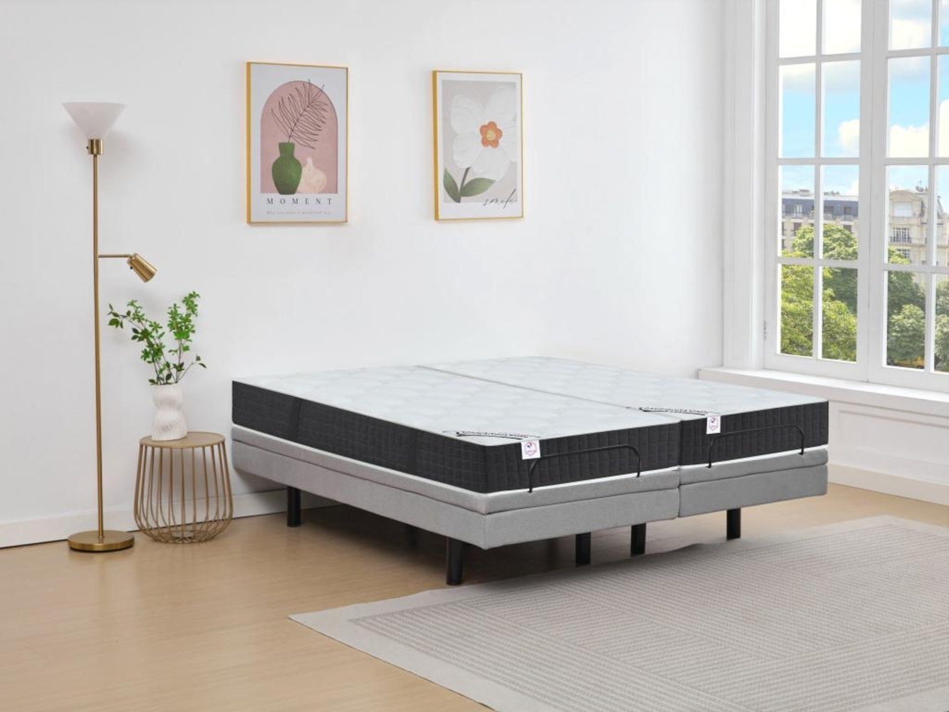 Dekoratives Bett mit elektrischer Relaxfunktion + Taschenfederkern- & Memory-Schaum-Matratze - 2 x 80 x 200 cm - Stoff - Grau - RIZALI von DREAMEA Bild 1