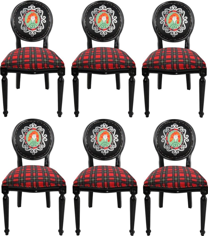 Casa Padrino Luxus Barock Esszimmer Set Schottland Frau Mehrfarbig / Schwarz 48 x 50 x H. 98 cm - 6 handgefertigte Esszimmerstühle - Barock Esszimmermöbel Bild 1