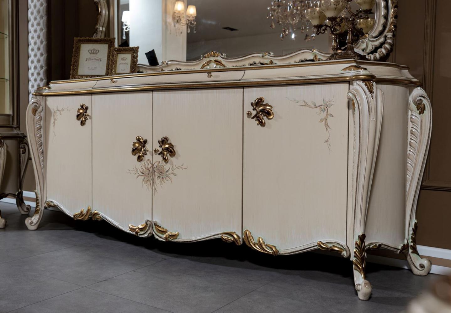 Casa Padrino Luxus Barock Sideboard Cremefarben / Weiß / Gold - Prunkvoller Massivholz Schrank mit 4 Türen und Schublade - Barock Möbel Bild 1