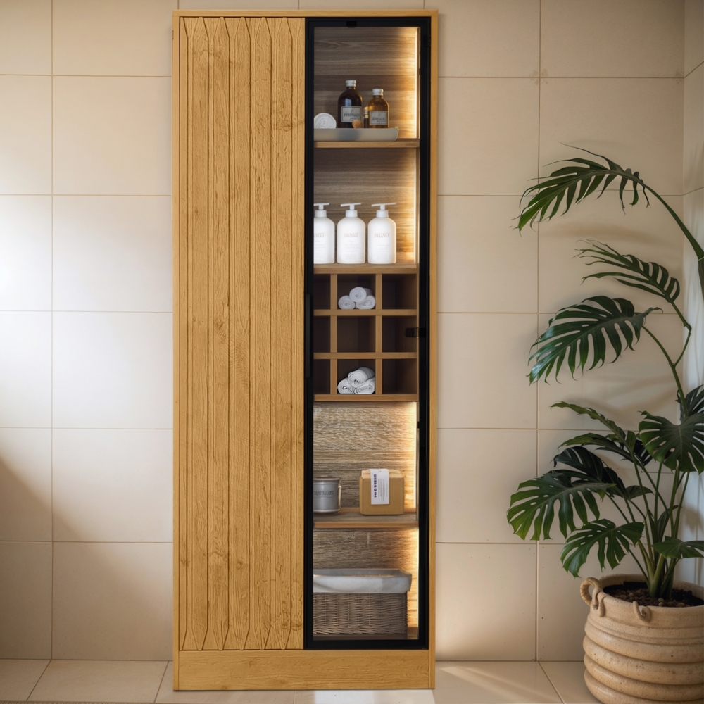 Merax 160 CM Badezimmerschrank,Vitrine Vitrinenschrank mit Glastüren und Beleuchtung, Holz Bild 1