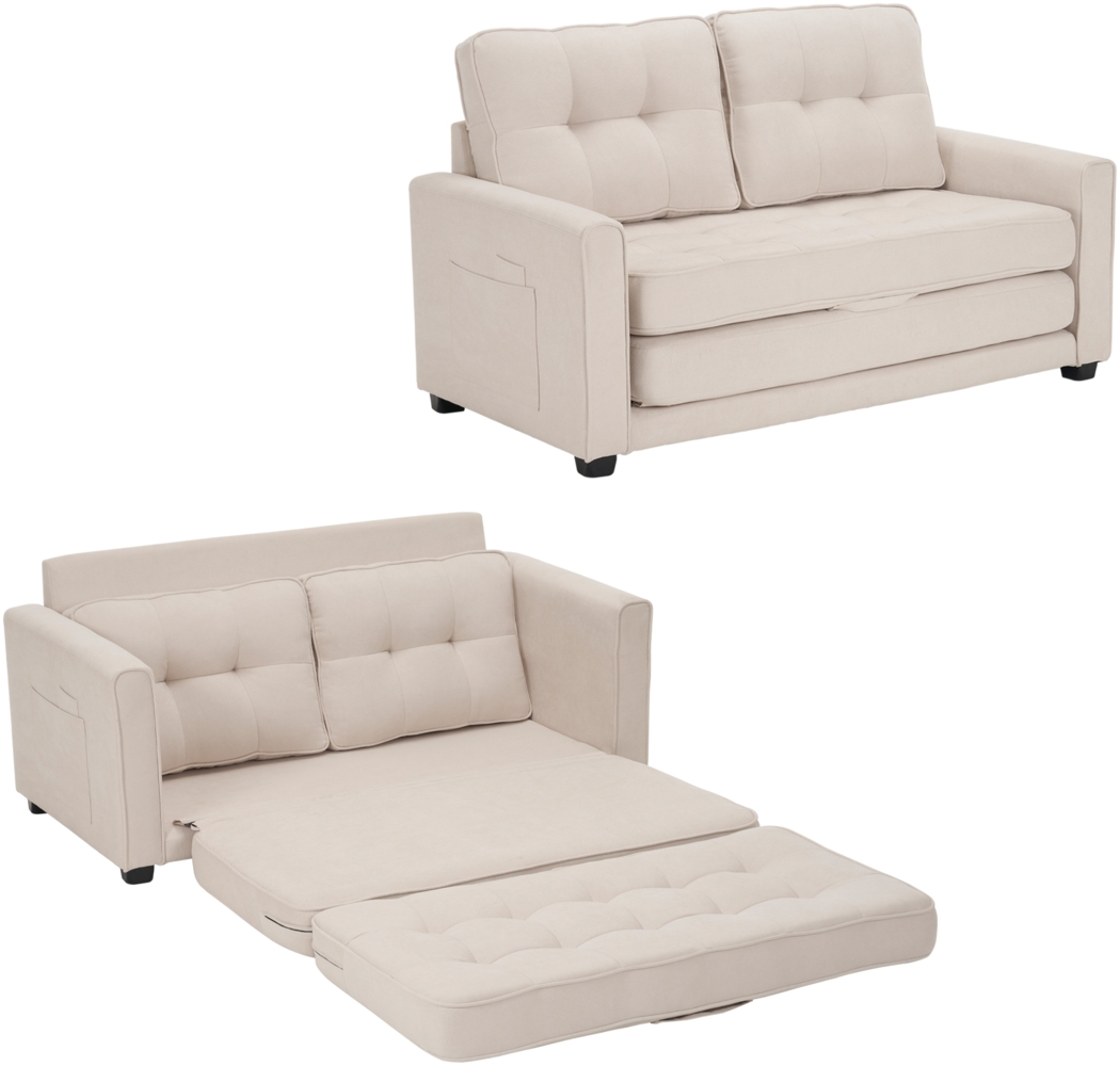 Merax Sofa für 2 Personen, Sofa mit Schlaffunktion, modernes Design, Polstermöbel, Schlafsofa, Wohnzimmersofa, Sofa mit Taschen an der Seite, Polstersofa Beige Bild 1