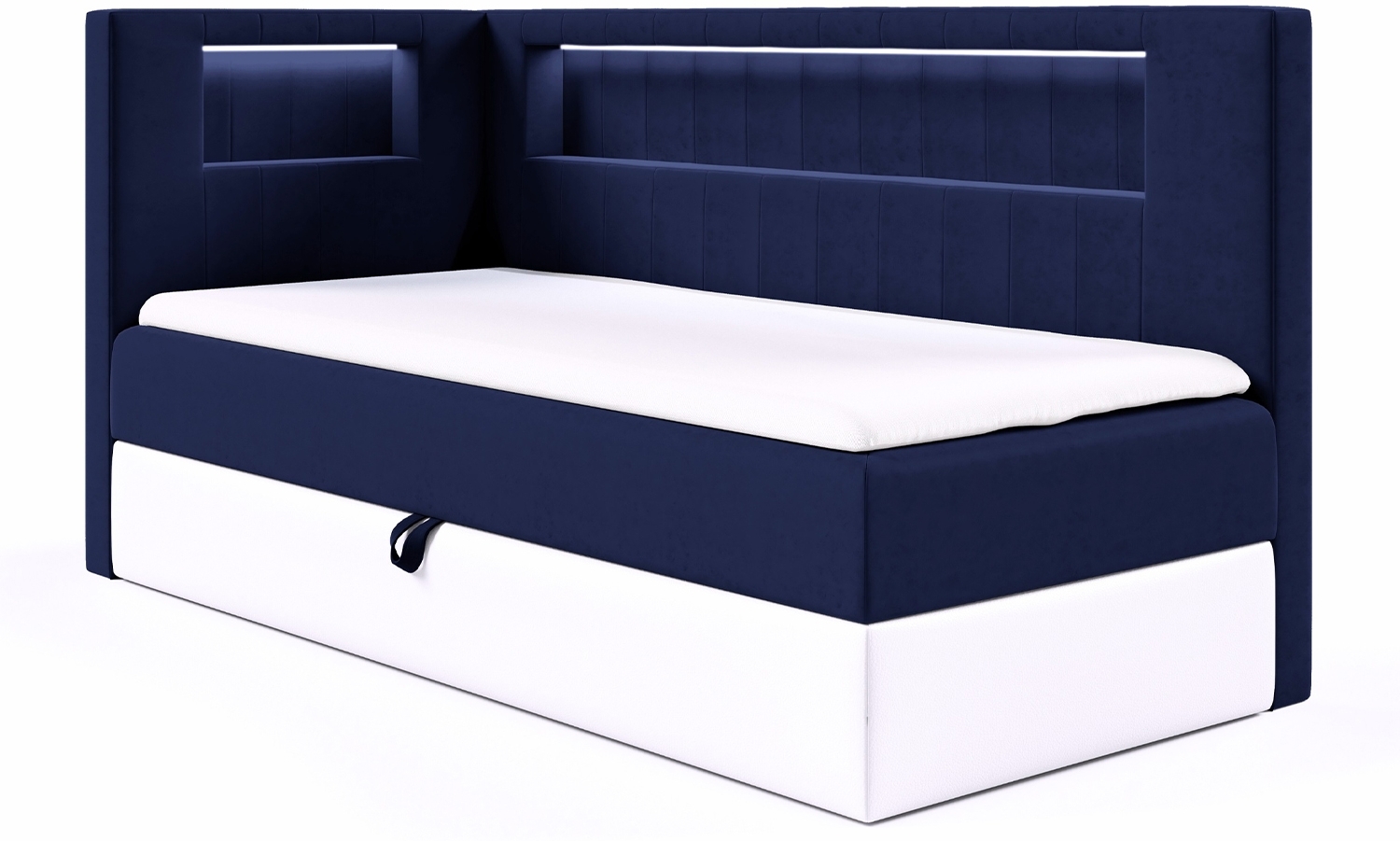 MEBLINI Kinderbett mit Bettkasten GARETH 3 90x200 Links – H3/Blau Samt Gepolstert Einzelbett mit Matratze - Polsterbett mit Stauraum - Bett mit Kopfteil – Stauraumbett Bild 1