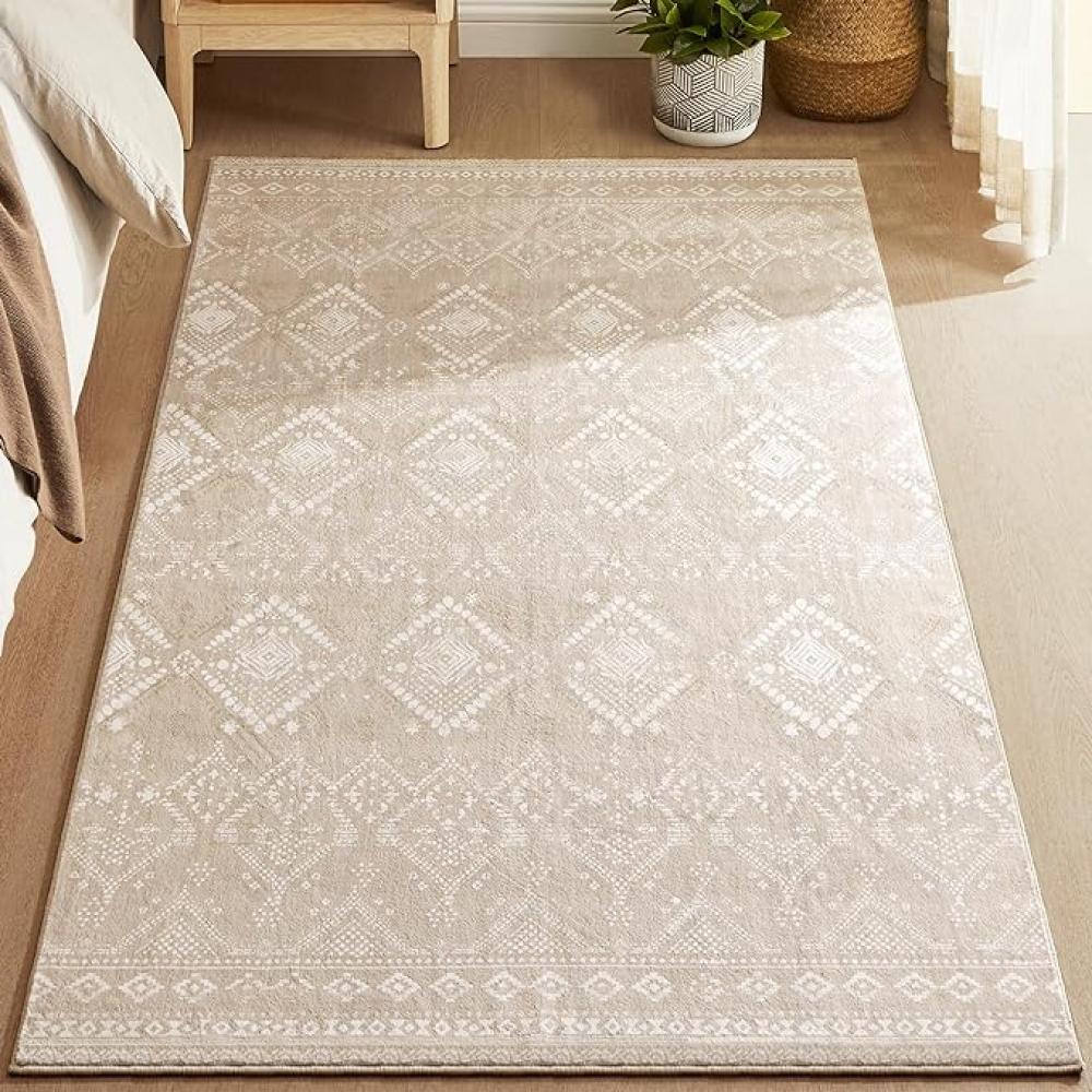 SONGMICS HOME Teppich, 120 x 170 cm, Wohnzimmerteppich, Rutschfester Teppich, Kurzflor, flauschig, Dekoration, für Wohnzimmer, Schlafzimmer, maschinenwaschbar, Boho-Stil, Cappuccinobeige Bild 1