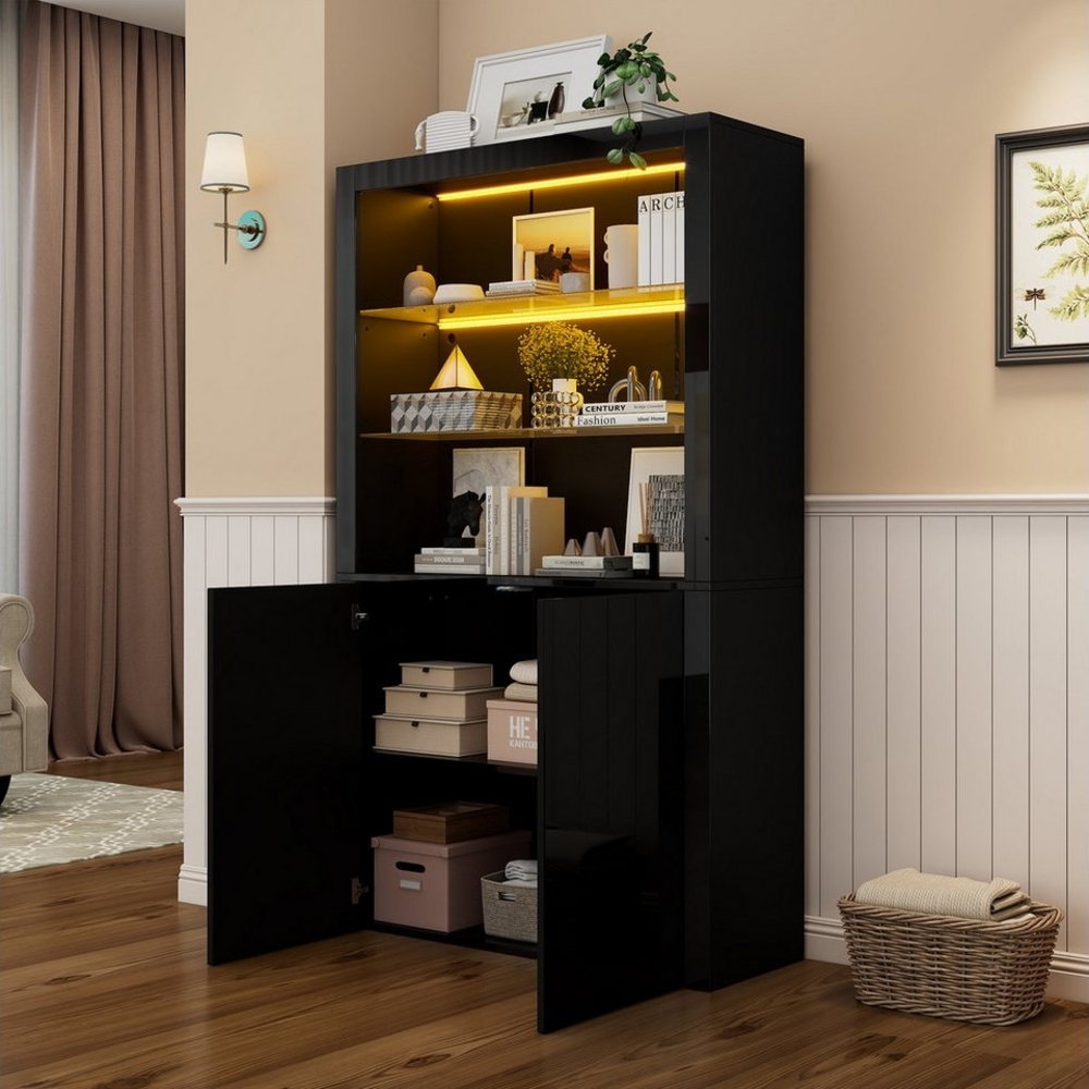 MODFU Vitrine gehärtetem Glas und Stauraum (Sideboard, Wohnzimmerschrank, Organizer, 1-St, Displayschicht aus gehärtetem Glas) mit LED-Leuchten Bild 1