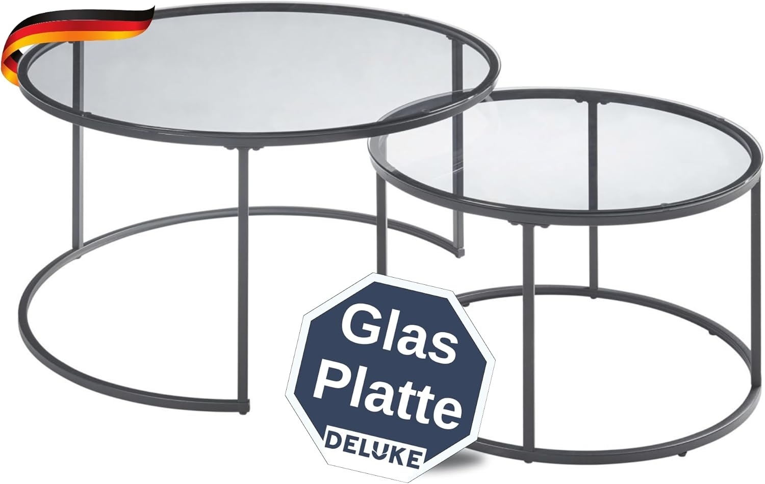 DELUKE® Couchtisch Glas LENO 2er Set - runder Beistelltisch Satztisch Sofatisch rund Kaffeetisch Laptoptisch Abstelltisch Glastisch klein Rauchglas Bild 1