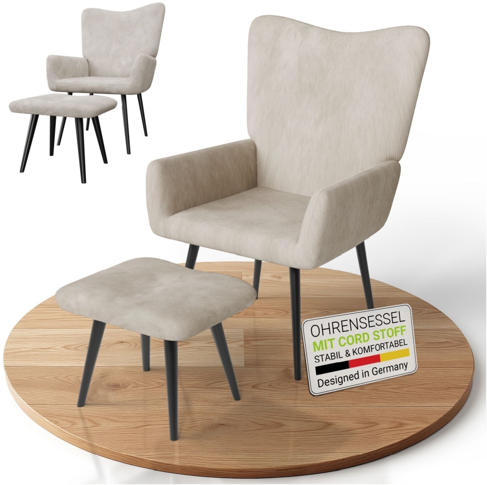 Juskys Ohrensessel Odense mit Hocker, TV- & Lesesessel in Cord, hohe Lehne, Metallbeine, komfortabler Stoffbezug, pflegeleicht – Beige Bild 1