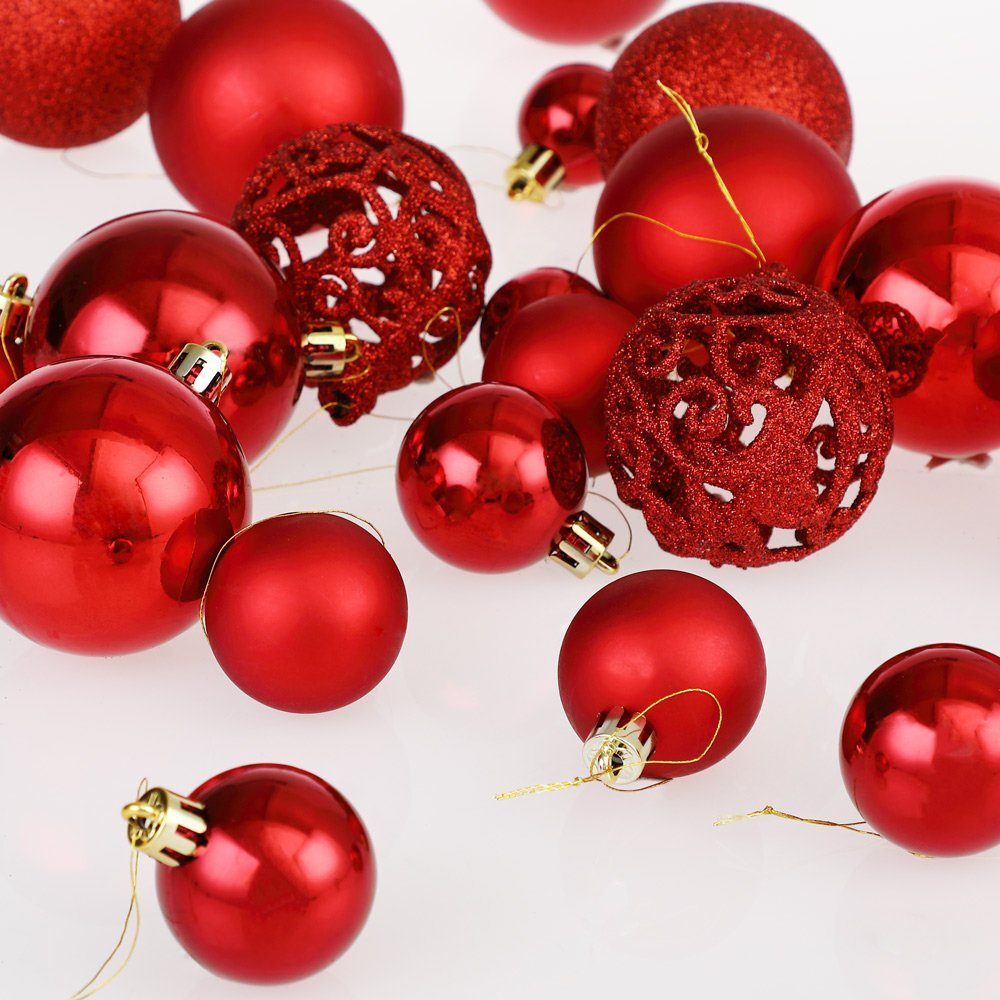 JUNG Christbaumschmuck 100er Set Weihnachtskugeln Rot Kunststoff für Innen und Außen, Glänzend, Matt oder Glitzernd, Weihnachtsbaum Kugeln mit Aufhängern, Vielfältige Größen Ø 3-6 cm Bild 1