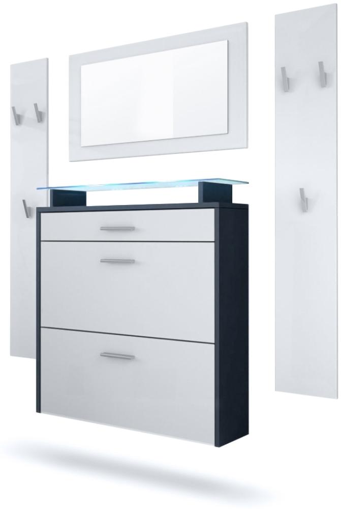 Vladon Garderobe Malea, Garderobenset bestehend aus 1 Hängeschuhschrank, 1 Wandspiegel und 2 Garderobenpaneele, Anthrazit matt/Weiß matt, inkl. LED-Beleuchtung blau Bild 1