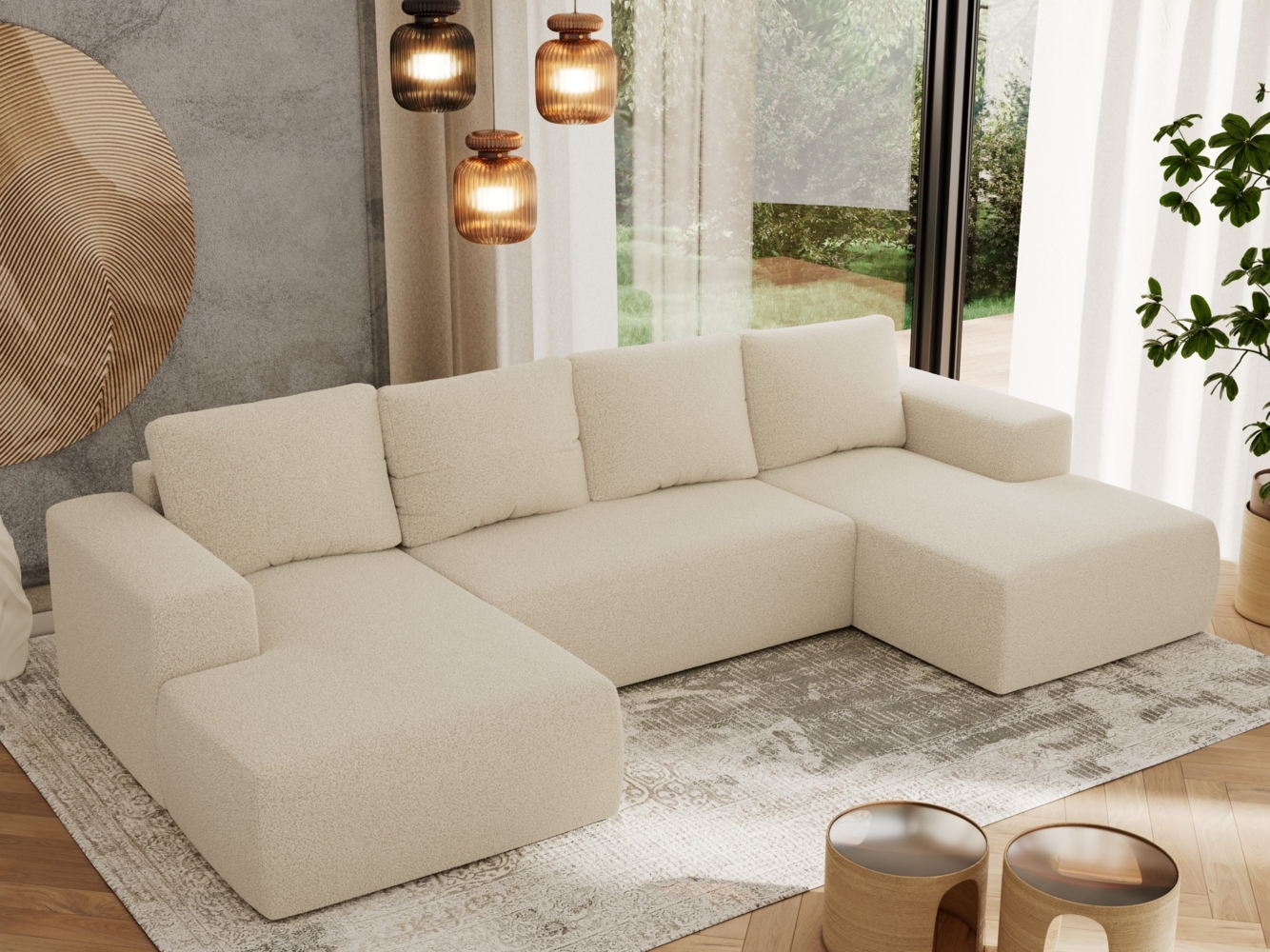 U-förmiges Ecksofa mit Schlaffunktion, Bettkasten und losen Kissen, zwei Armlehnen - TRENTINO U - Beige Boucle Bild 1