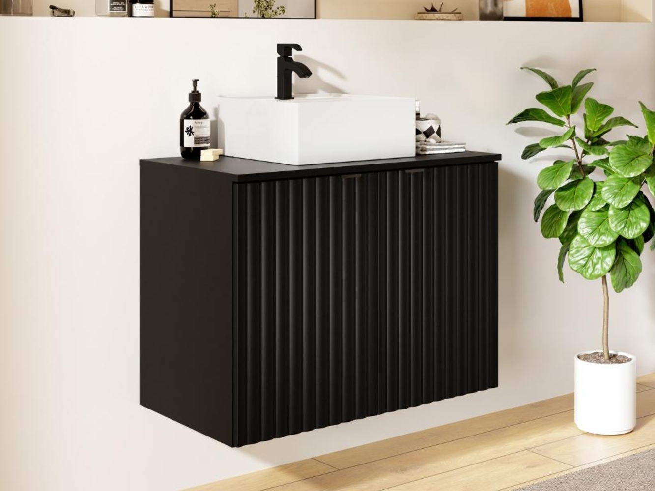 Vente-unique - Waschbeckenunterschrank hängend mit Aufsatzwaschbecken - Streifenoptik - Schwarz - 80 cm - ZILGA Bild 1