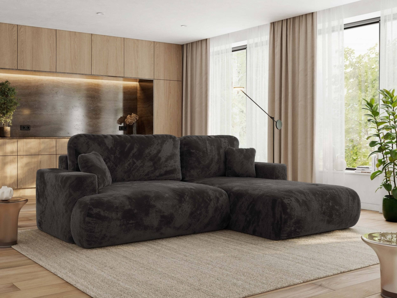 Ecksofa OVO mit schlaffunktion und bettkasten, Wellenfeder, lose Kissen, L-form 271x195 cm - Dunkelgrau Plüsch - rechte Seite Bild 1