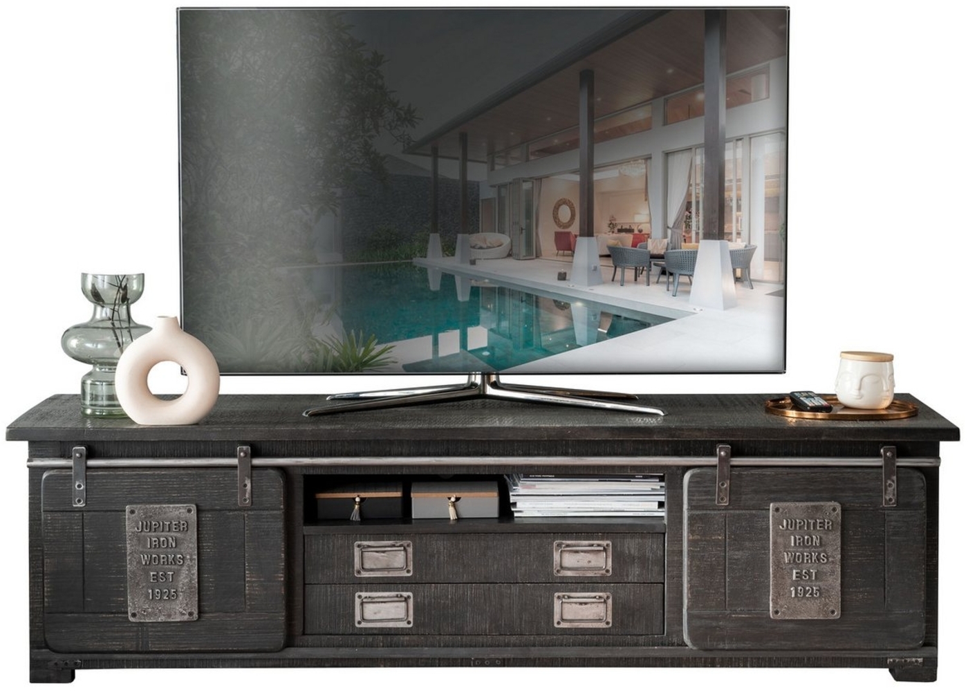 Woodroom Lowboard Pali (Mango massiv grau lackiert, 200x50x55 cm), Lowboard, TV-Board, Fernsehschrank Bild 1