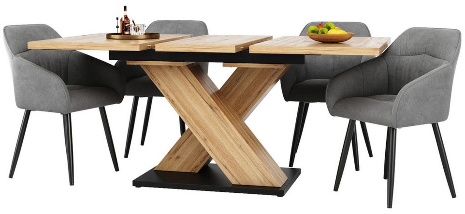 Tongtong Essgruppe Esstisch-Set (5-teilig), 119–158,5 x 80 CM Esstisch mit 4 Stühlen, (Bis 150 kg belastbar, für Küche und Wohnzimmer, 5-tlg), Dunkelgrau, Samt-Esszimmerstühle, Esstisch mit gekreuzten Beinen Bild 1