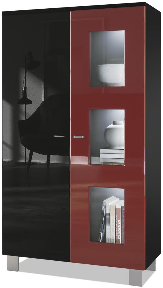 Vladon Vitrine Denjo, Standvitrine mit 2 Türen und 3 Glaseinsätzen, Schwarz matt/ Schwarz Hochglanz/ Bordeaux Hochglanz, inkl. LED-Beleuchtung (71 x 129 x 35 cm) Bild 1