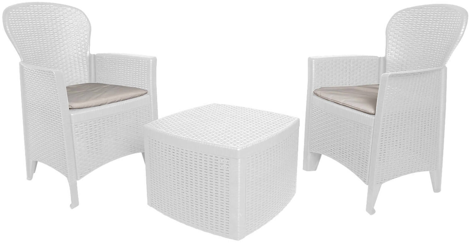 Dmora Outdoor-Lounge-Set Anny, Gartengarnitur mit 2 Sesseln und 1 Containertisch, Sitzecke in Rattan-Optik, 100 % Made in Italy, Weiß Bild 1