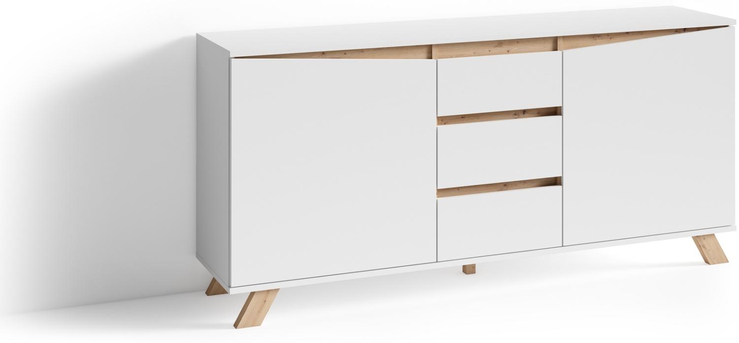 byLIVING Sideboard VALENTIN / Kommode matt weiß mit Absetzung in Eiche-Optik / Schrank mit 2 Türen und 3 Schubkästen / Im Scandi-Style / Grifflos / B 160, H 80, T 38 cm Bild 1