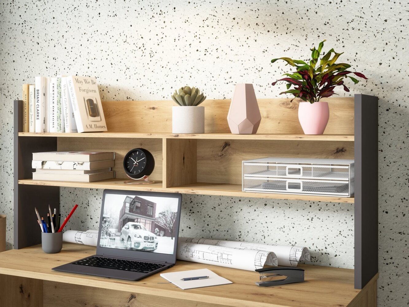 Schreibtischaufsatz >Modultrick< in Grau/ Artisan Eiche Dekor, 139,6x60x25,8cm B/H/T Bild 1