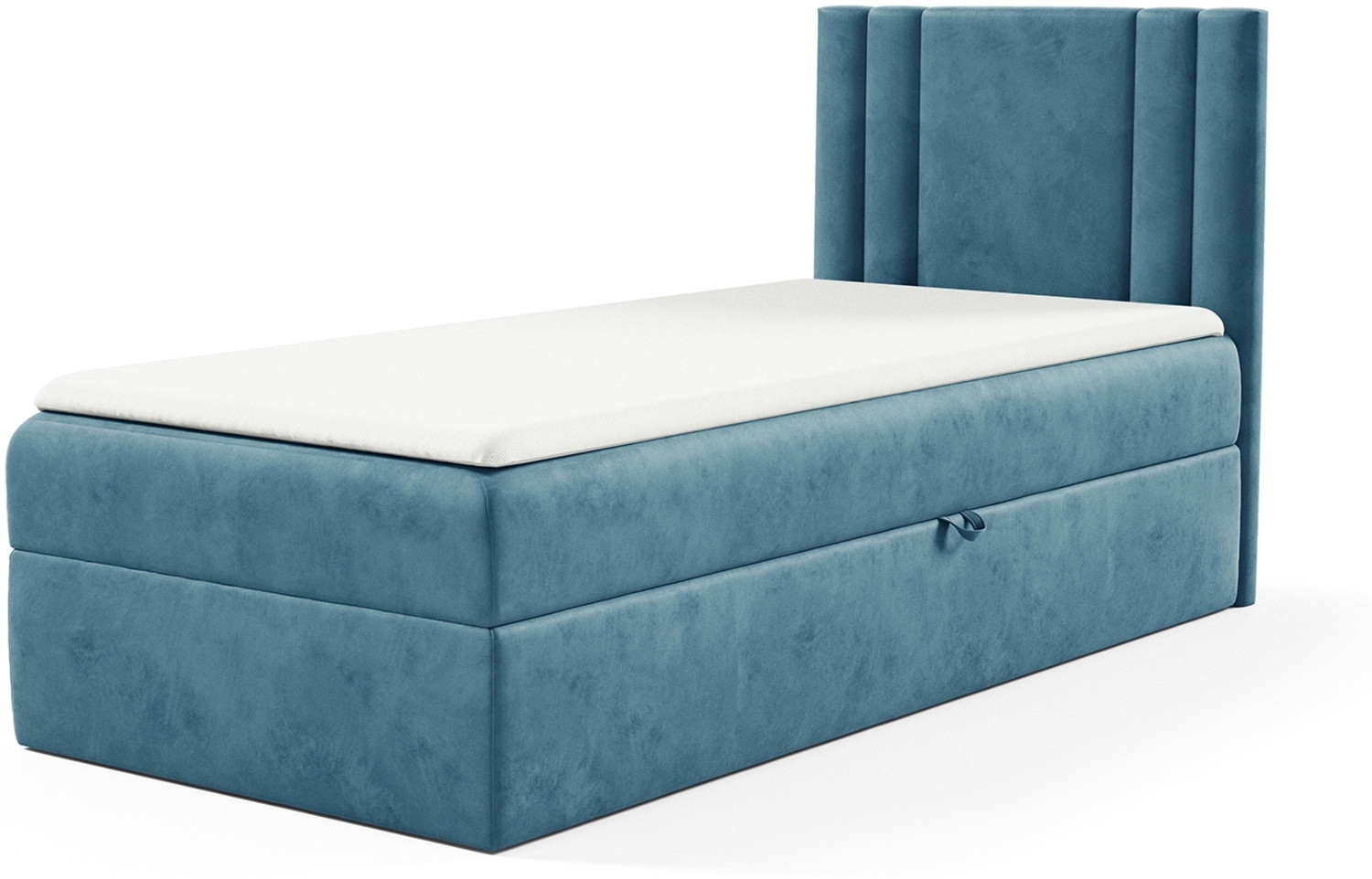 MEBLINI Kinderbett mit Bettkasten CARDI 100x200 Rechts – H3/Blau Samt Gepolstert Einzelbett mit Matratze - Polsterbett mit Stauraum - Bett mit Kopfteil – Stauraumbett Bild 1