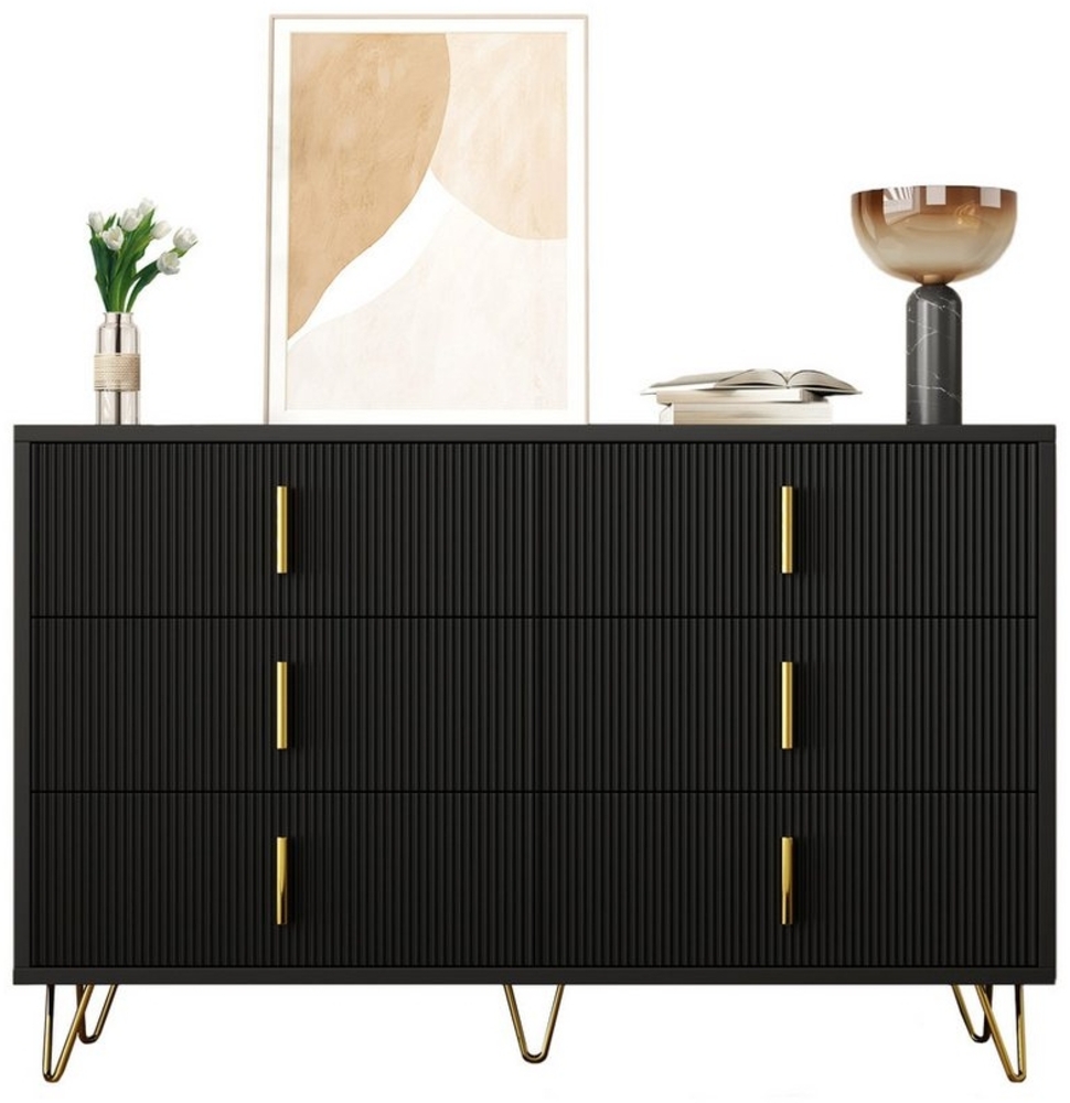 Refined Living Sideboard Kommode mit 6 Schubladen, Aufbewahrungsschrank mit goldene Griffe (120 cmx 77 cm x 40 cm, Modernes Design, 1 St, Hochwertige Materialien, Vielseitige Anwendung), Großer Stauraum, für Esszimmer, Wohnzimmer, Schlafzimmer Bild 1